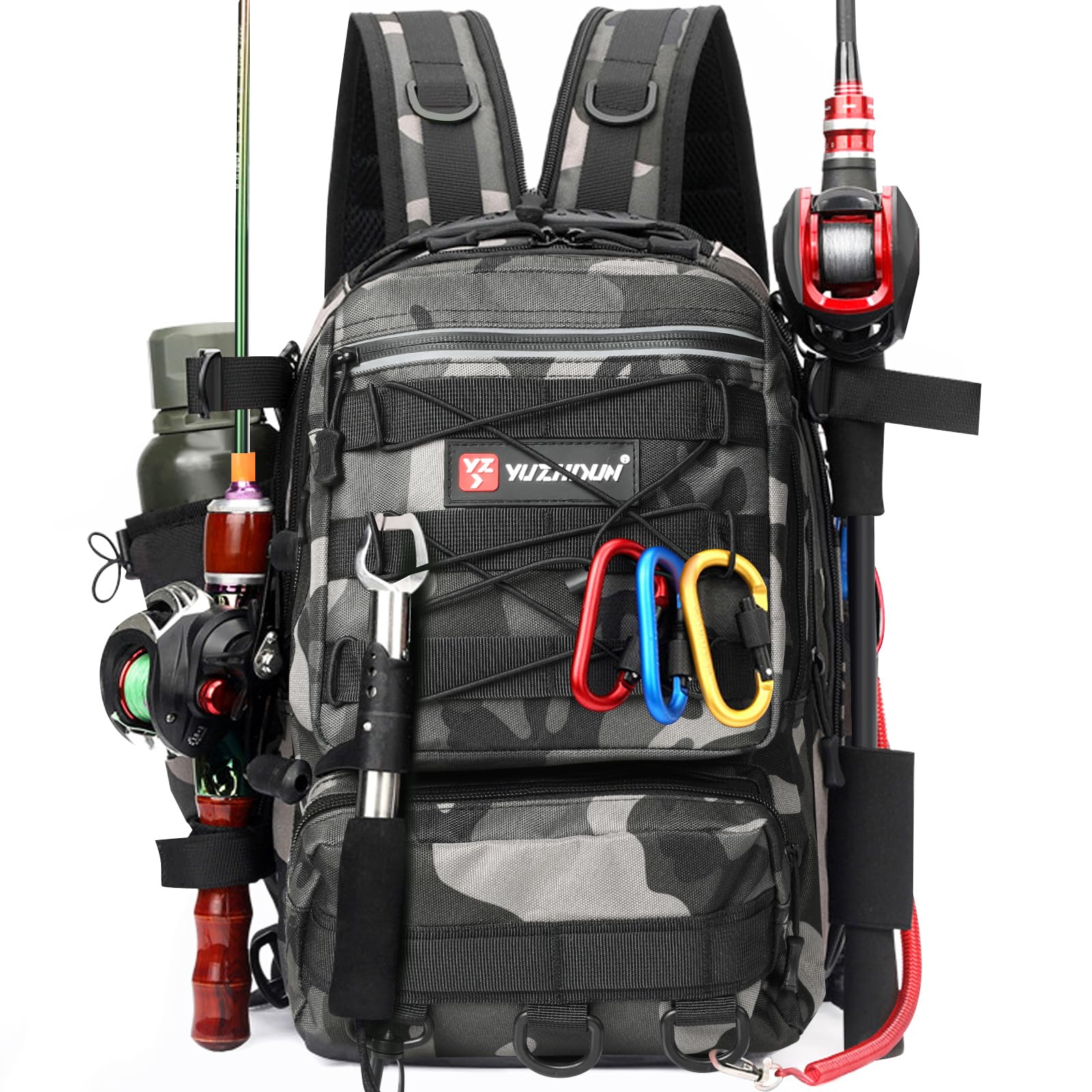 Zaino per Attrezzatura Pesca con Portacanna - Borsa Impermeabile e Traspirante per Pesca, Escursionismo, Caccia, Campeggio (Black)