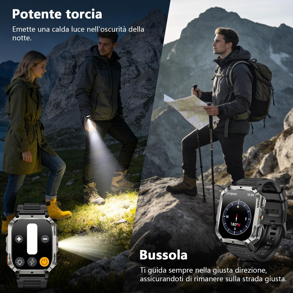 Blackview Smartwatch Uomo, Orologio Intelligente Fitness con Chiamate Bluetooth, 2.01" Militari Smart Watch Tracker 100+ Modalità Sportive/Cardiofrequenzimetro/SpO2/Torcia/Bussola per Android iOS