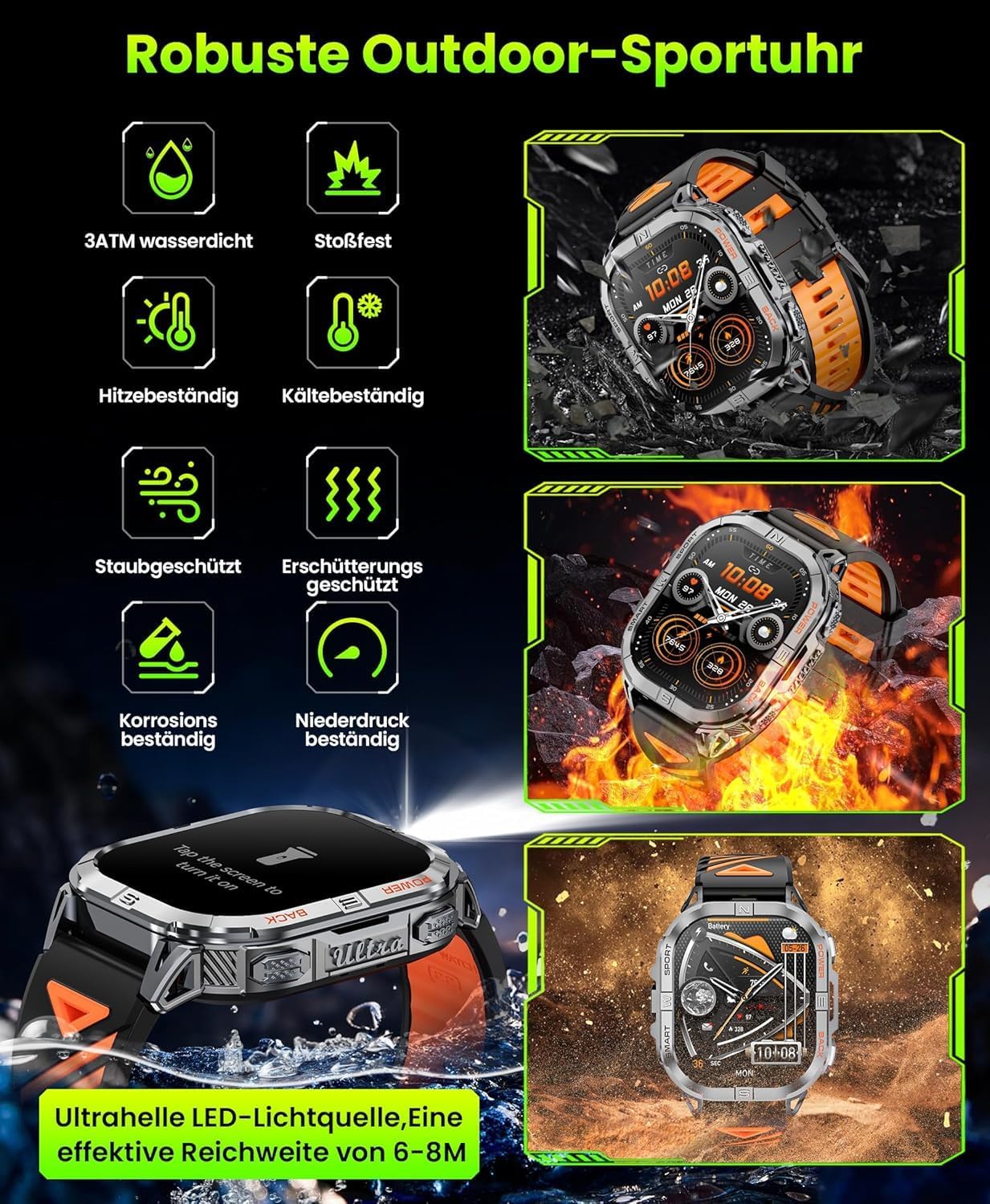 GPS Smartwatch Uomo, 2,13" AMOLED Militare Orologio con LED Torcia, Bussola,100+ Modalità Sportive, Monitoraggio della Salute, Chiamate Bluetooth per Android iOS