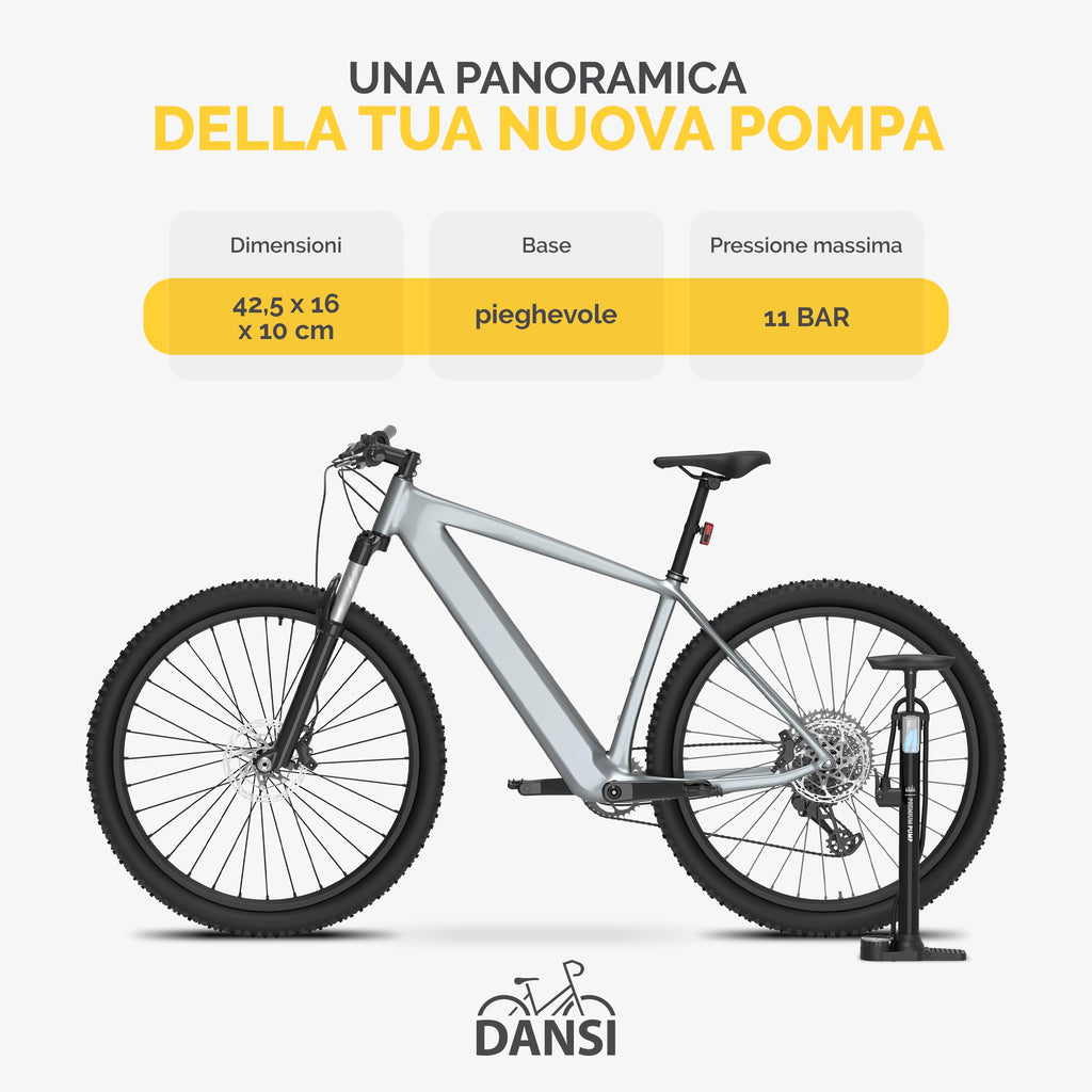 DANSI Pompa per bicicletta a pedale con valvole AV, SV, DV - Pompa ad aria per bicicletta con manometro grande, adattatori e serbatoio | Pompa per moto, bici elettrica, auto e articoli sportivi