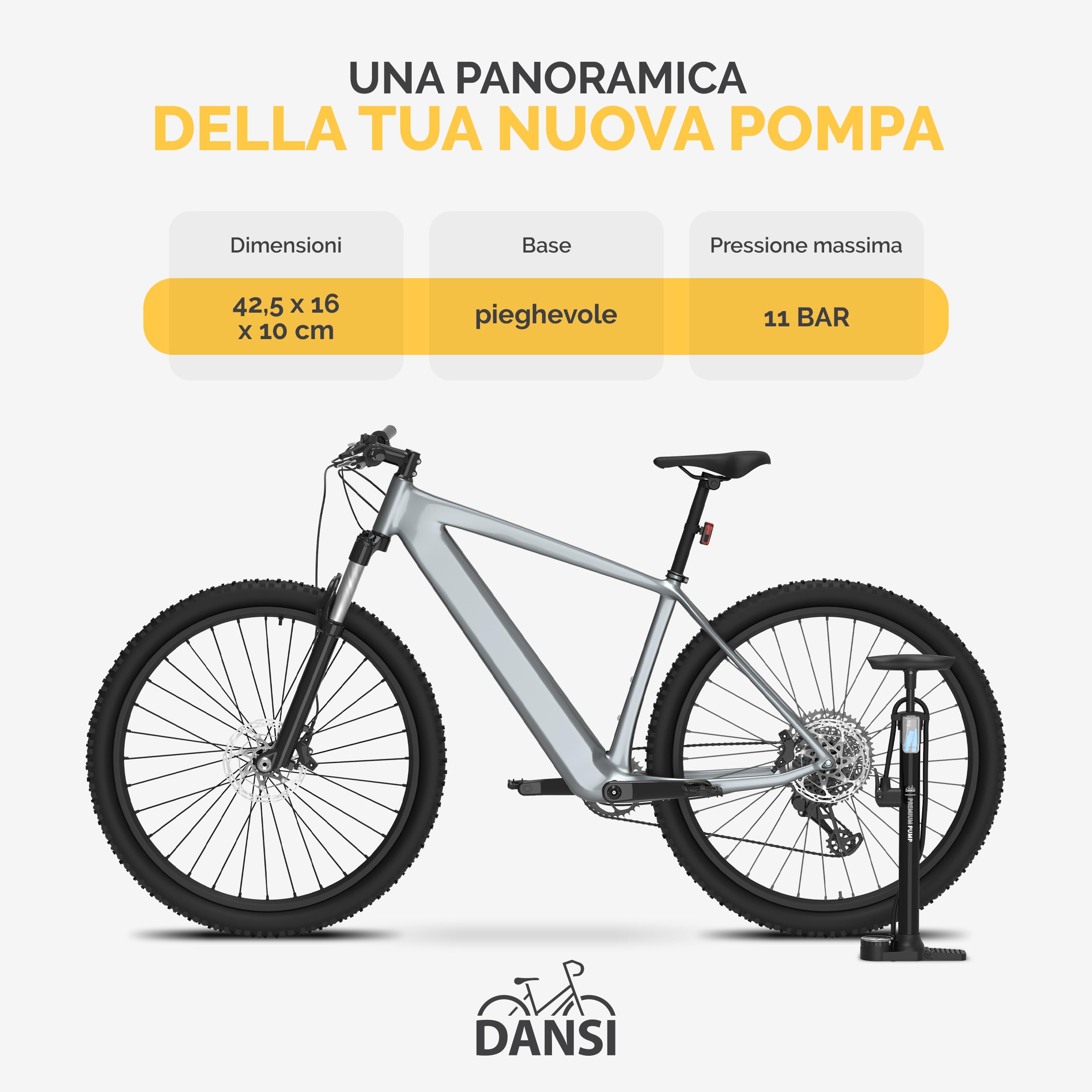 DANSI Pompa per bicicletta a pedale con valvole AV, SV, DV - Pompa ad aria per bicicletta con manometro grande, adattatori e serbatoio | Pompa per moto, bici elettrica, auto e articoli sportivi