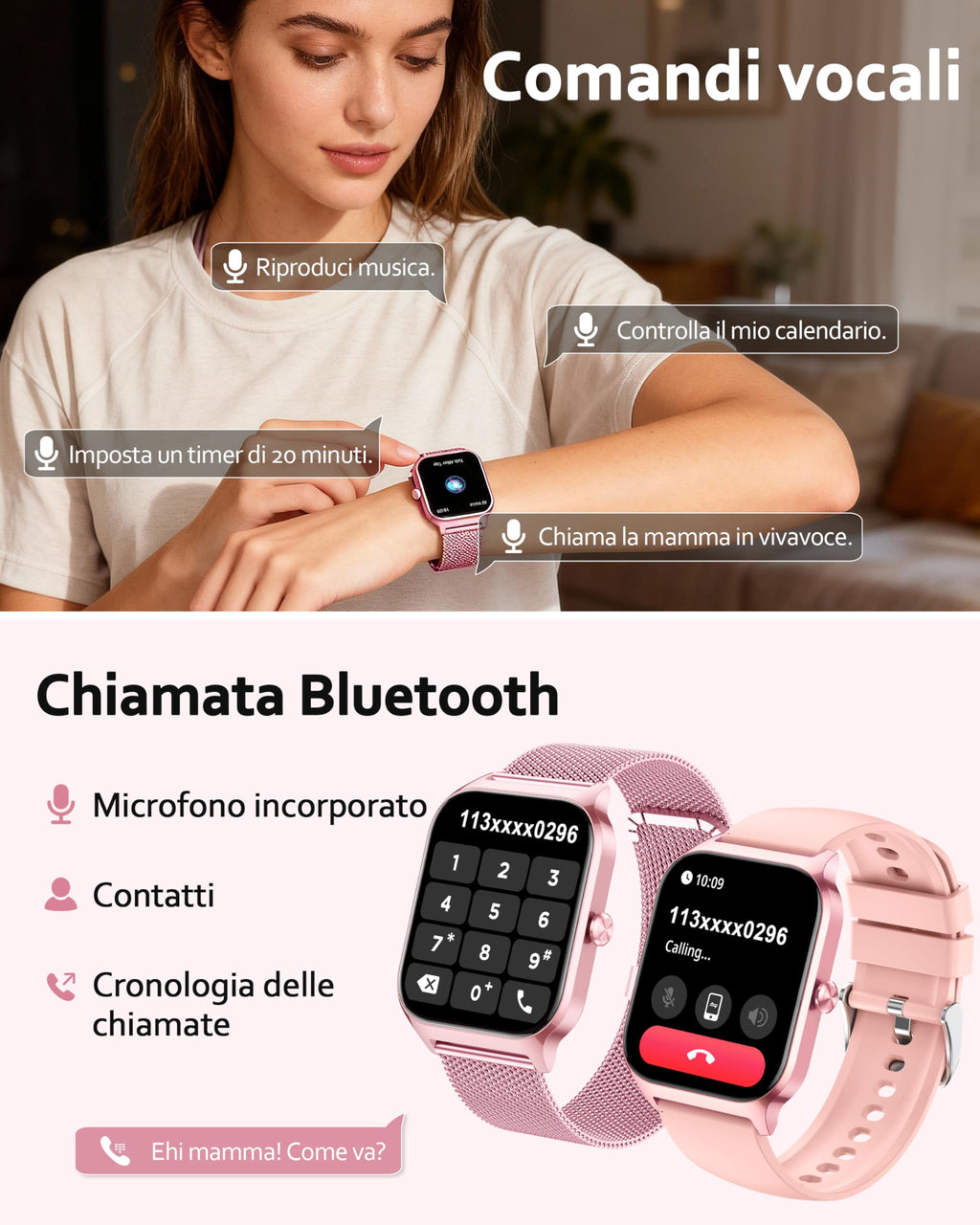 Popglory Smartwatch Uomo Donna Chiamate e Whatsapp, AI Orologio Contapassi 100+ Sports, Assistente, Salute 24/7, Pressione Sanguigna, Cardiofrequenzimetro, SpO2 Sonno, 2 Cinturini per Android iOS
