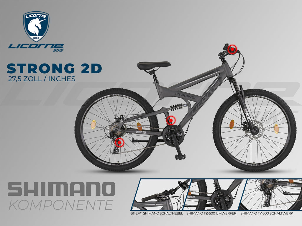 Licorne Bike - VTT Premium Strong 2D 26, 27,5 et 29 pouces, vélo avec freins à disque avant et arrière, 21 vitesses, tout suspendu