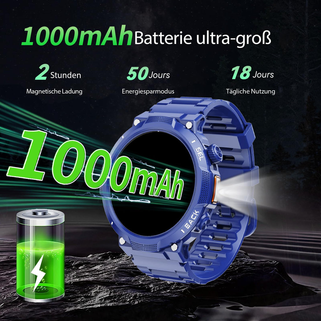 Smartwatch Uomo Militare, Orologio Smartwatch 1.43" con Chiamate Bluetooth, 100+ Modalità Sportive, Batteria 1000 mAh, Monitoraggio Sonno e Cardiofrequenzimetro, Torcia e Bussola per IOS/Android