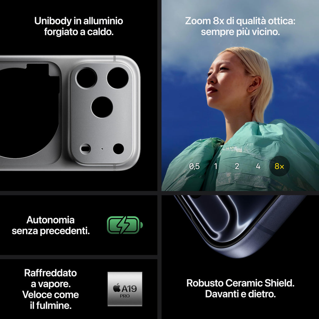 Apple iPhone 17 Pro Max 256 GB: display 6,9", ProMotion fino a 120Hz, chip A19 Pro, autonomia mai vista su iPhone, sistema di fotocamere Pro Fusion, fotocamera frontale Center Stage; Argento