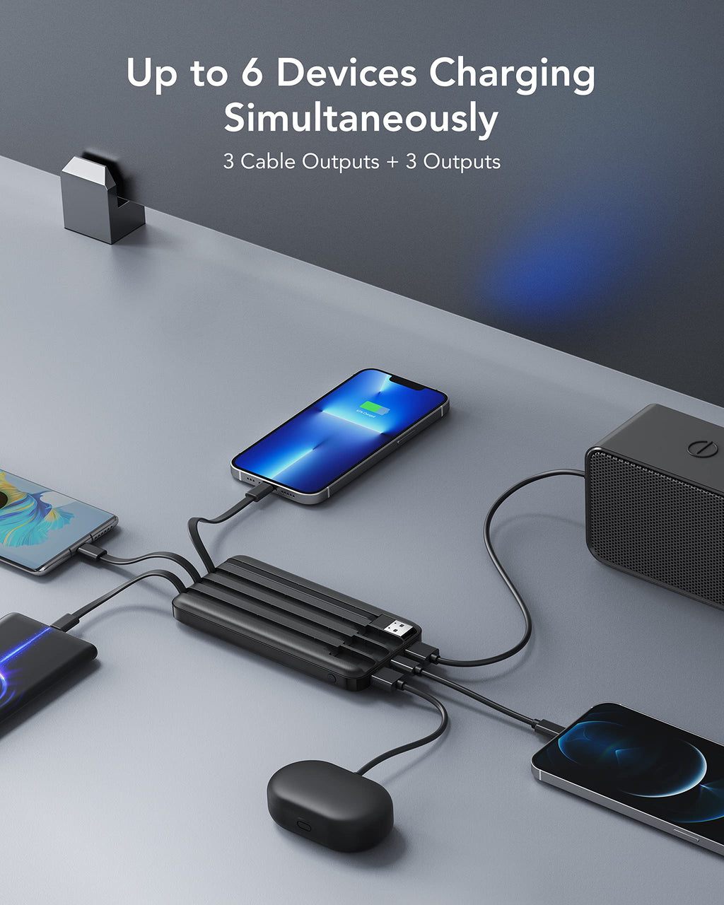 Charmast Power Bank 10000mAh con Cavi Integrati,Caricatore Portatile USB C 5V/3A Powerbank LED Display con 6 Uscite e 3 ingressi per iPhone Samsung Huawei Xiaomi