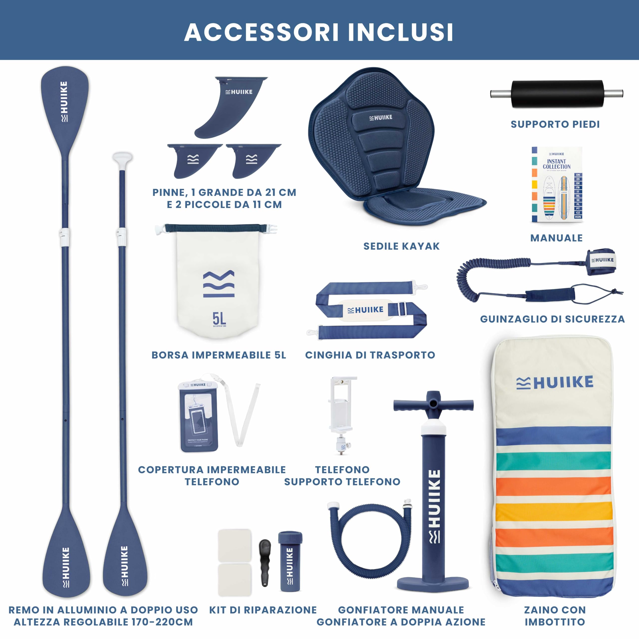 HUIIKE Tavola Sup Gonfiabile Adulti con Accessori Inclusi, Pagaia, Pinne, Pompa. Stand Up Paddle Board con Grande Stabilità e Resistenza. 305 x 84 x 15 cm, Carico Massimo 130 kg