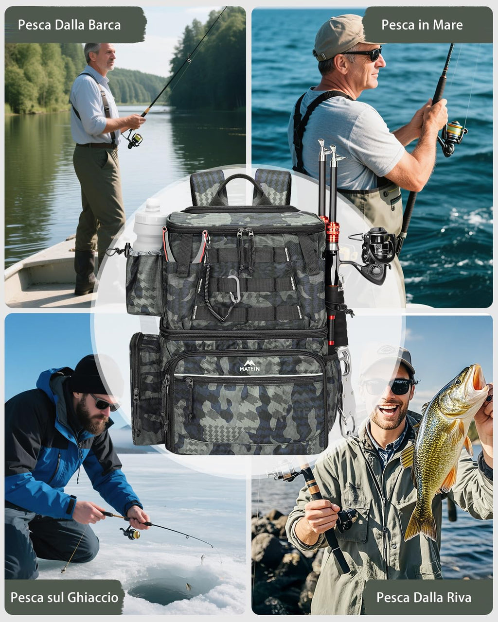 MATEIN Zaino Pesca con Scatole e Portacanna, Impermeabile Zaino da Pesca per Uomo con Scomparto Termico Isolato, Zaini per Attrezzatura con 4 Scatole per Campeggio, Regali per Pescatori, Mimetico