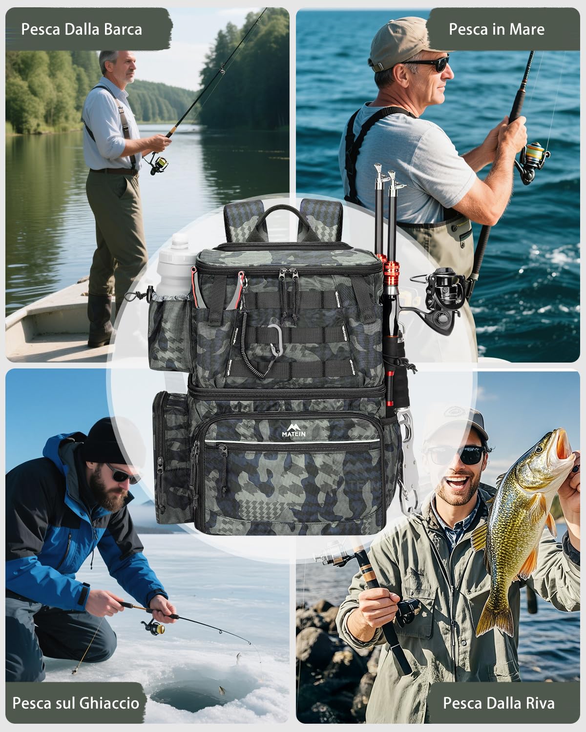 MATEIN Zaino Pesca con Scatole e Portacanna, Impermeabile Zaino da Pesca per Uomo con Scomparto Termico Isolato, Zaini per Attrezzatura con 4 Scatole per Campeggio, Regali per Pescatori, Mimetico