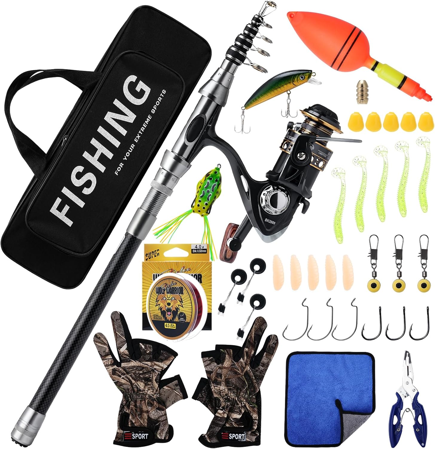 Set Combinato Canna da Pesca Telescopica e Mulinello, Kit Completo con Lenza, Accessori per Esche, Borsa per il Trasporto - Combo per Pesca