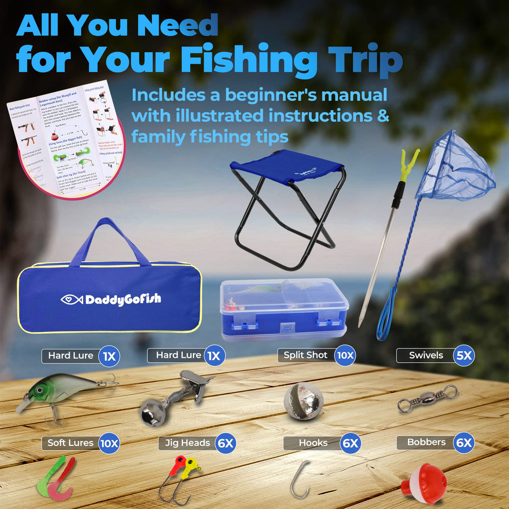 DaddyGoFish Kids Canna da Pesca Telescopica Spincast Combo Sedia Pieghevole Portacanna Tackle Box Bait Net Ragazzi Ragazze