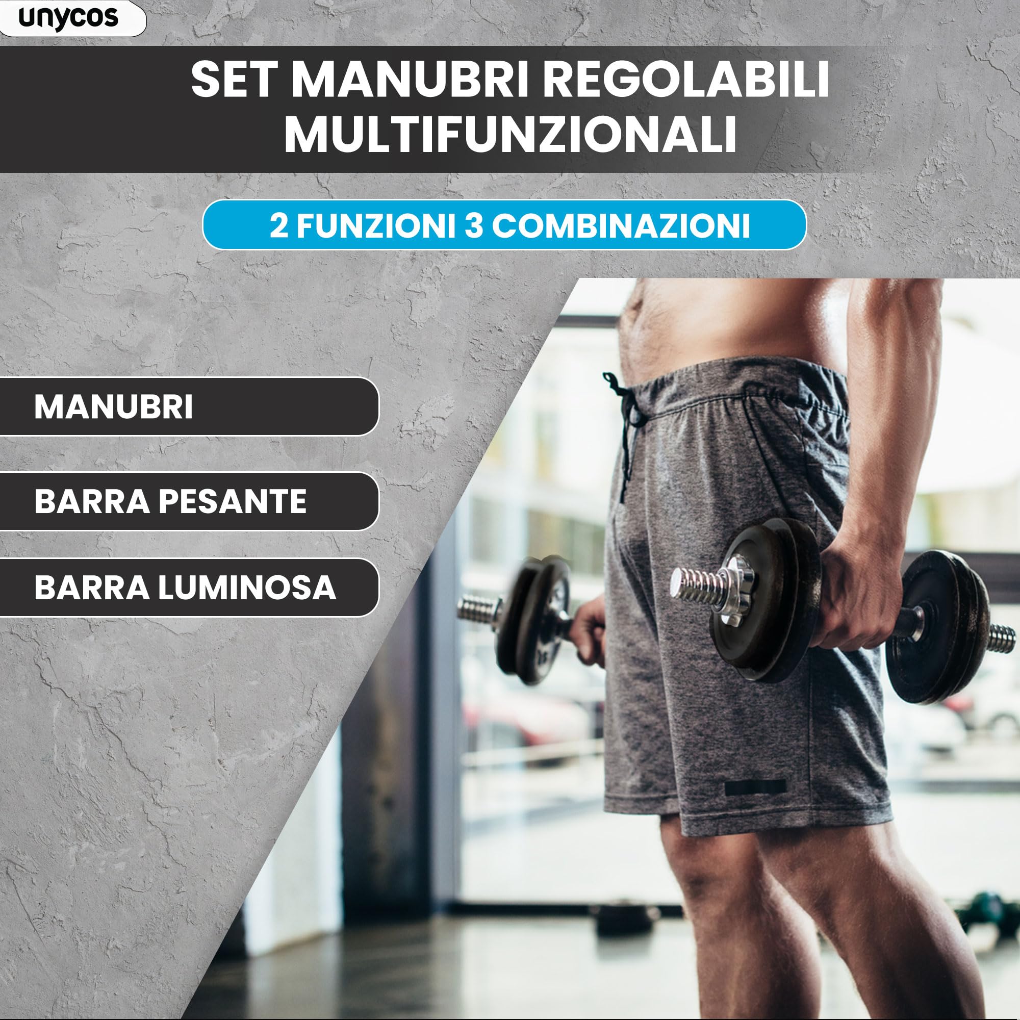 unycos - Manubri Regolabili con Dischi 15-50 kg【E-Book + Valigetta】Coppia di Pesi con Barra di Collegamento Antiscivolo per Uomini/Donne, Allenamento, Palestra in Casa, Fitness (Iron Transformer)
