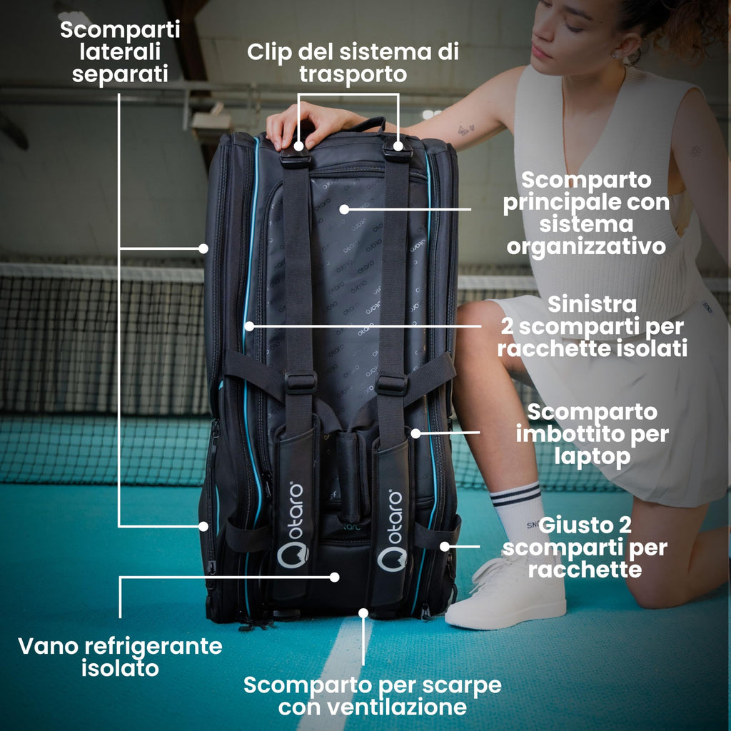 Otaro Sac de tennis 82L | Sac de raquettes de tennis pour 4 raquettes | Avec compartiment isolé, compartiment à chaussures, compartiment thermique et compartiment pour ordinateur portable | Système de transport 3 en 1 | Sac à dos de tennis hydrofuge