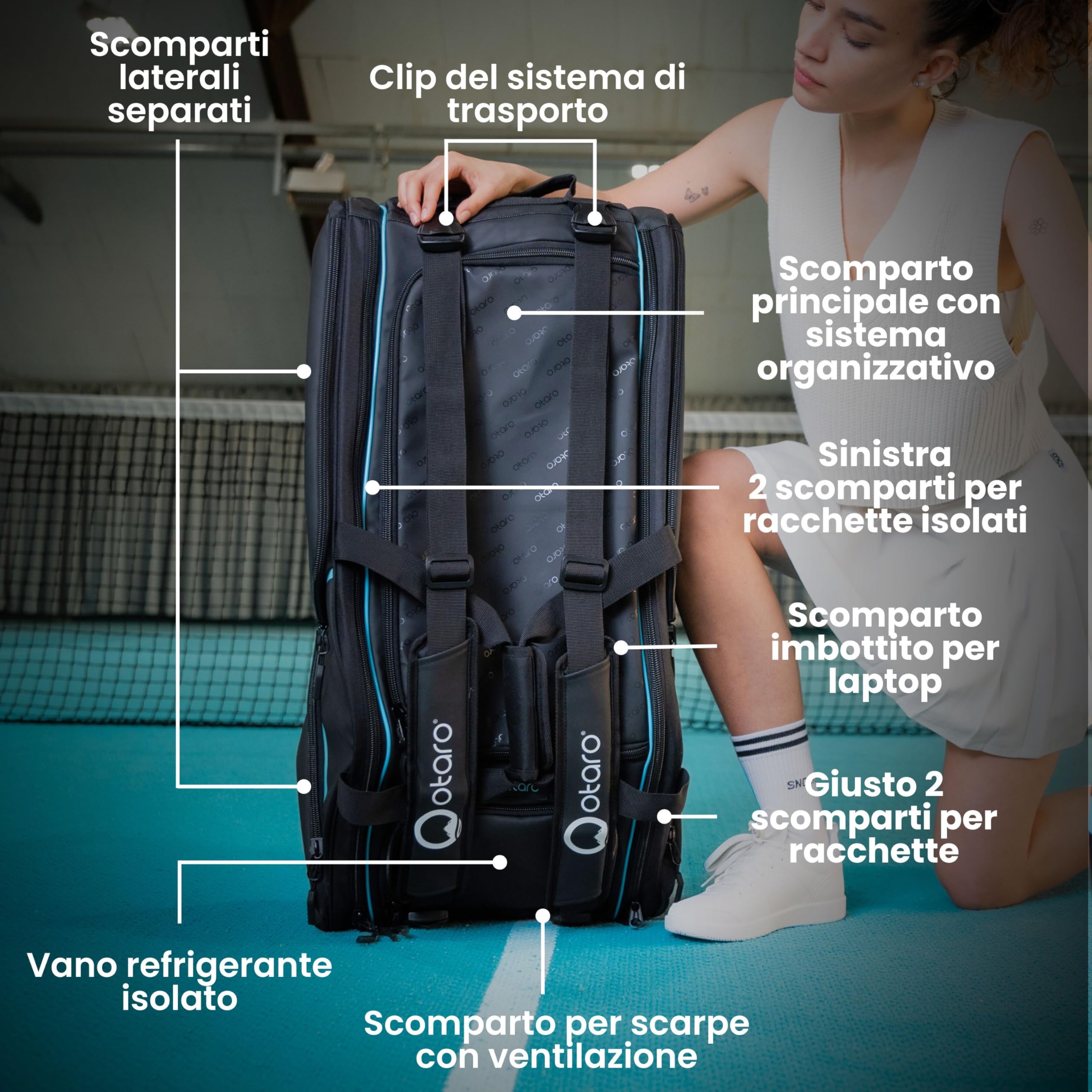 Otaro Sac de tennis 82L | Sac de raquettes de tennis pour 4 raquettes | Avec compartiment isolé, compartiment à chaussures, compartiment thermique et compartiment pour ordinateur portable | Système de transport 3 en 1 | Sac à dos de tennis hydrofuge