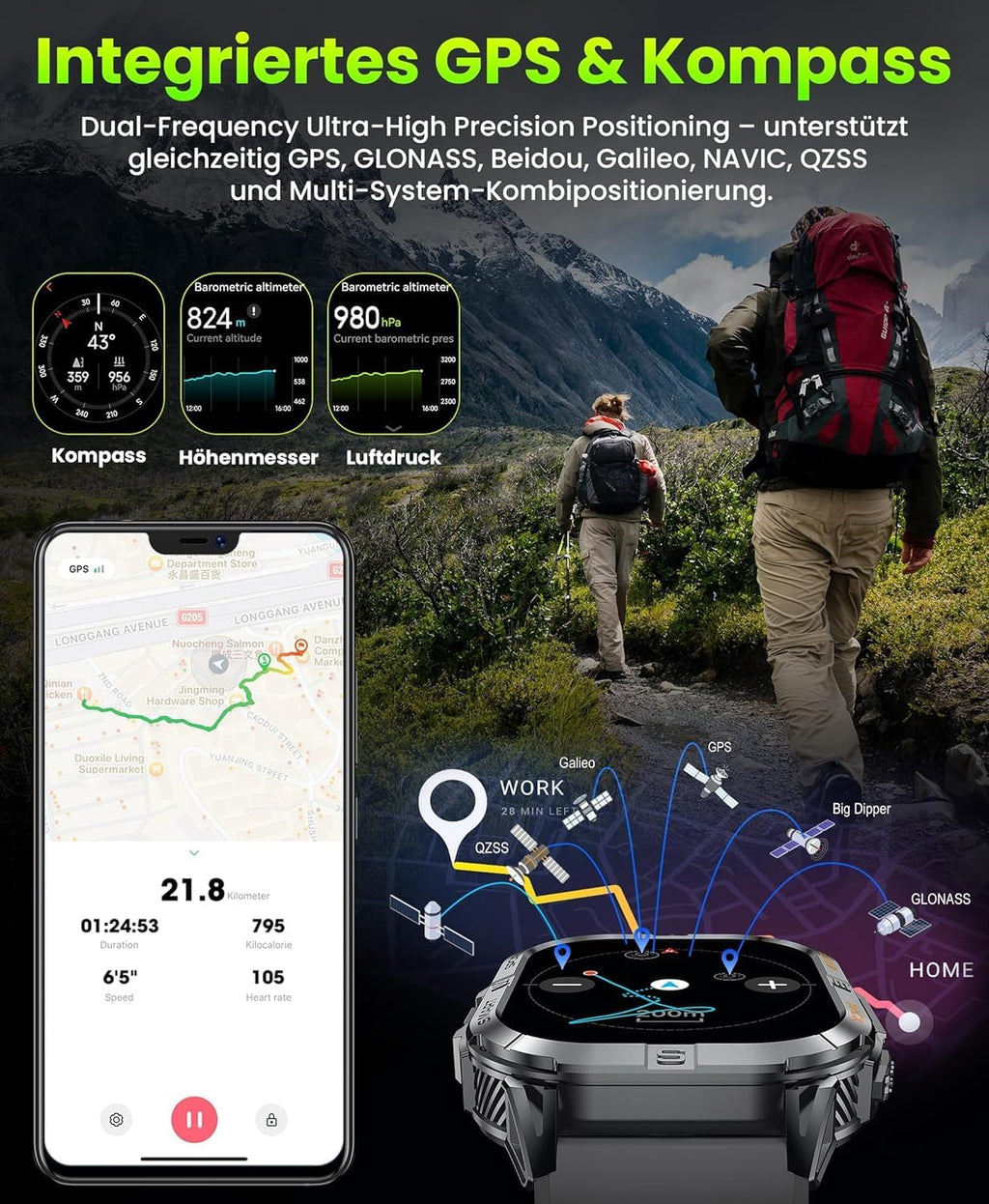 GPS Smartwatch Uomo, 2,13" AMOLED Militare Orologio con LED Torcia, Bussola,100+ Modalità Sportive, Monitoraggio della Salute, Chiamate Bluetooth per Android iOS