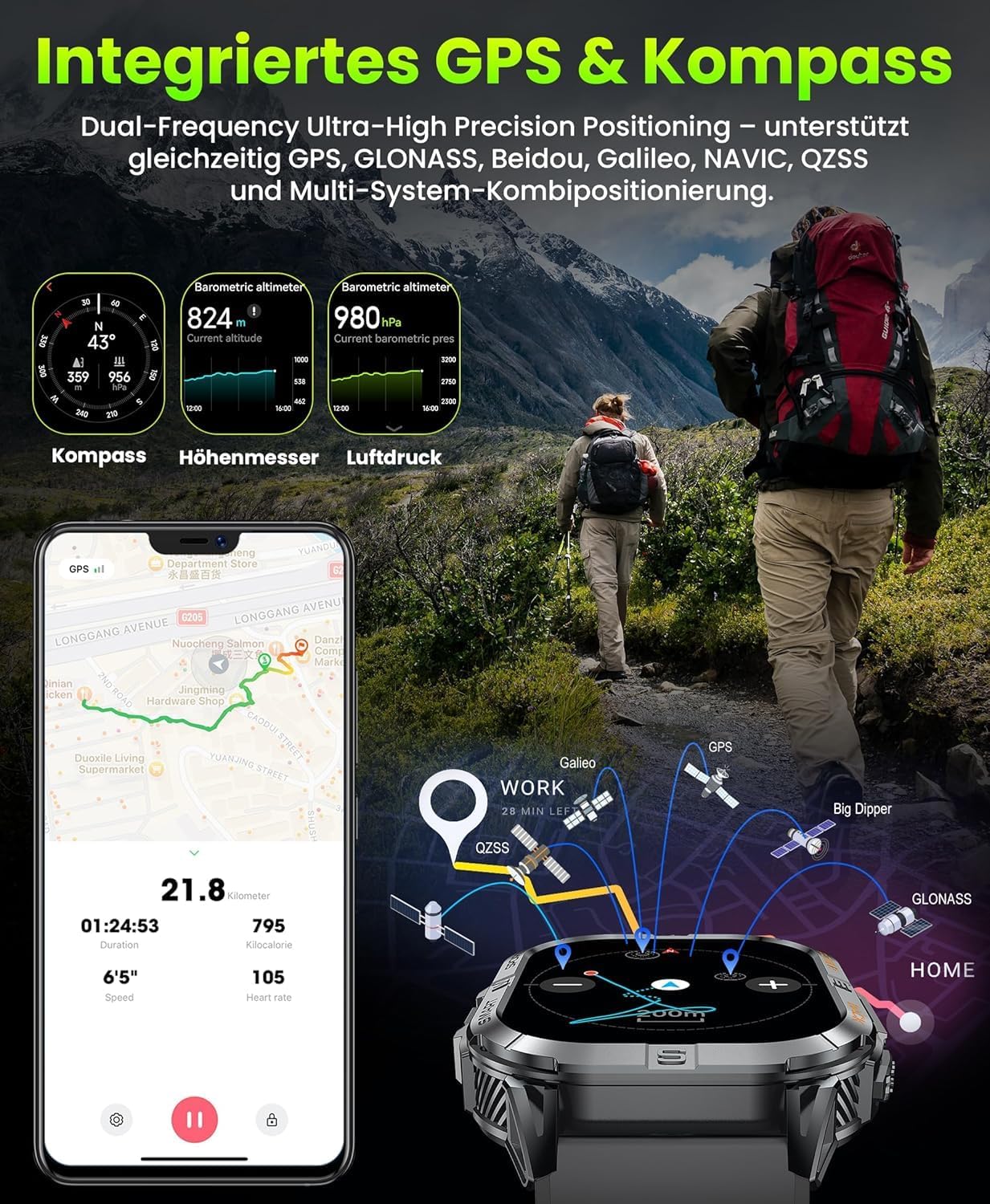 GPS Smartwatch Uomo, 2,13" AMOLED Militare Orologio con LED Torcia, Bussola,100+ Modalità Sportive, Monitoraggio della Salute, Chiamate Bluetooth per Android iOS