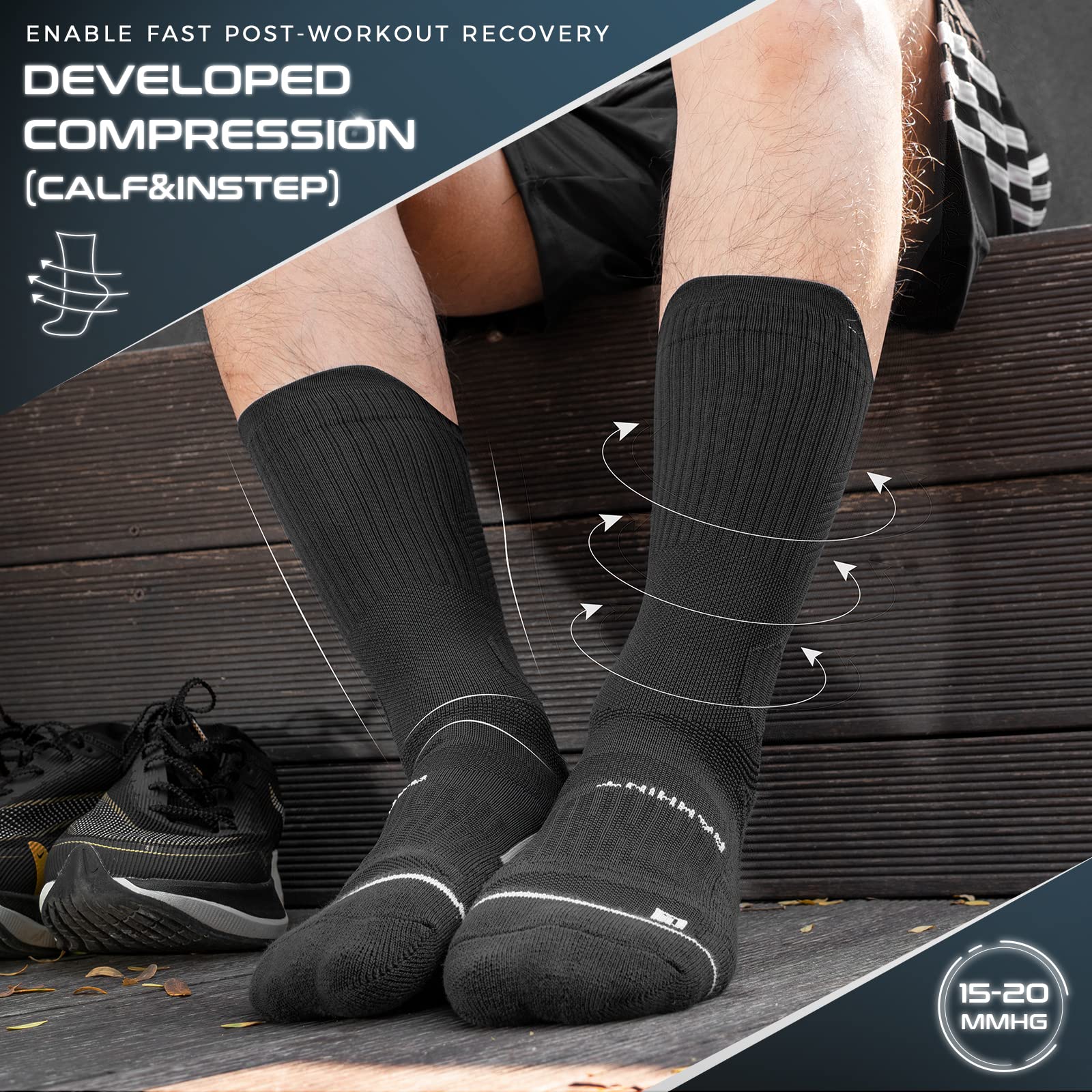 Coolmax Compressione 3 Paia Calzini Running Uomo Calze da Corsa Trekking Padel Uomo, Anti-Vesciche & Con Supporto Dell'arco Plantare, 35-51