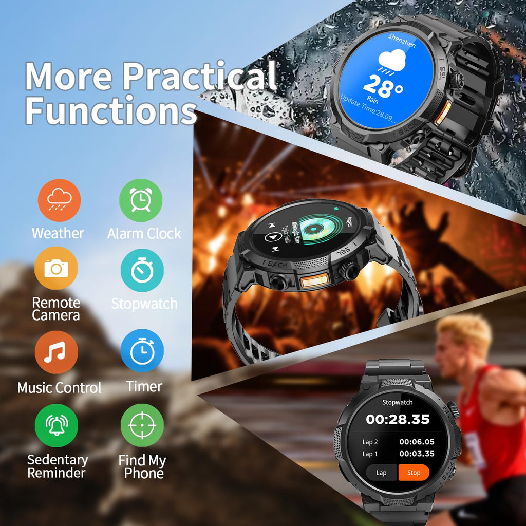 Smartwatch Uomo Militare, Orologio Smartwatch 1.43" con Chiamate Bluetooth, 100+ Modalità Sportive, Batteria 1000 mAh, Monitoraggio Sonno e Cardiofrequenzimetro, Torcia e Bussola per IOS/Android
