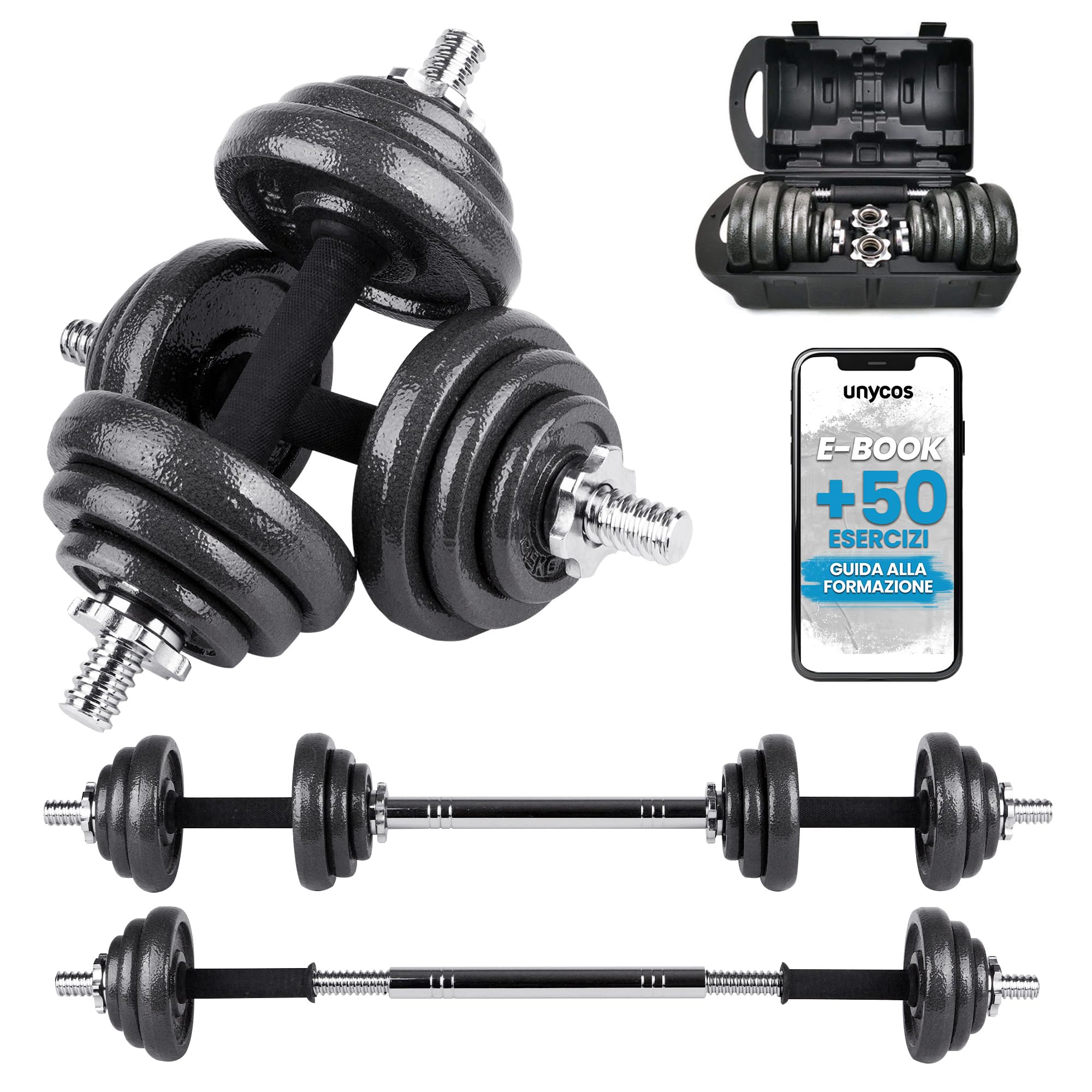 unycos - Manubri Regolabili con Dischi 15-50 kg【E-Book + Valigetta】Coppia di Pesi con Barra di Collegamento Antiscivolo per Uomini/Donne, Allenamento, Palestra in Casa, Fitness (Iron Transformer)