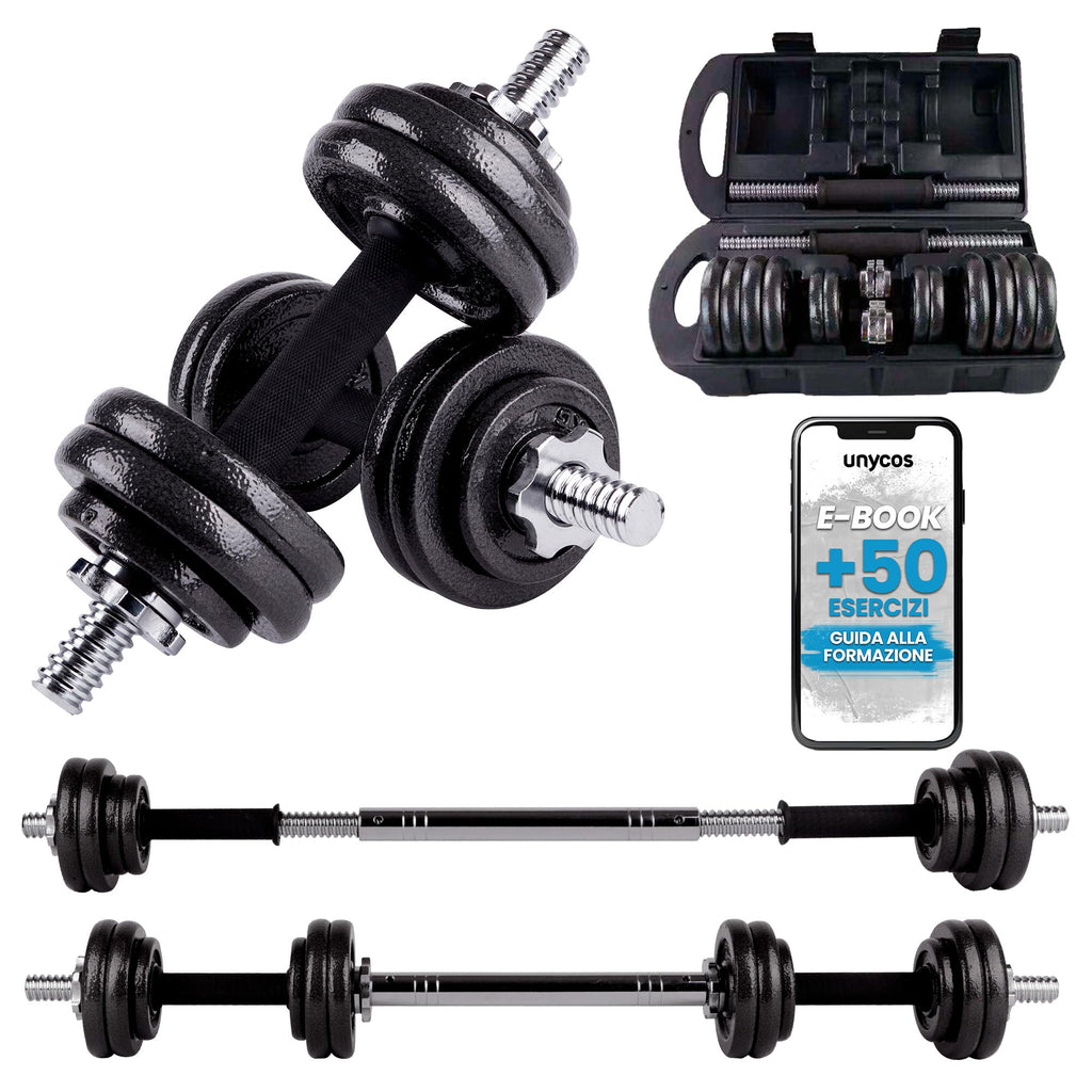 unycos - Haltères Réglables avec Disques 15-50 kg【E-Book + Mallette】Paire de Poids avec Barre de Connexion Antidérapante pour Hommes/Femmes, Entraînement, Gym à Domicile, Fitness (Iron Transformer)