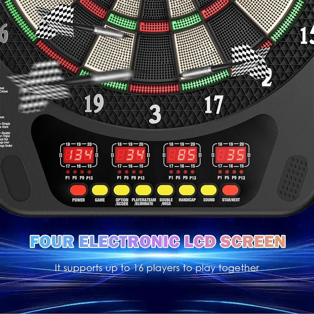 Cible de fléchettes électronique – Ensemble de fléchettes électroniques à pointe plastique, 4 écrans LCD, 27 modes de jeu, jusqu'à 16 joueurs, pour professionnels, amateurs et débutants