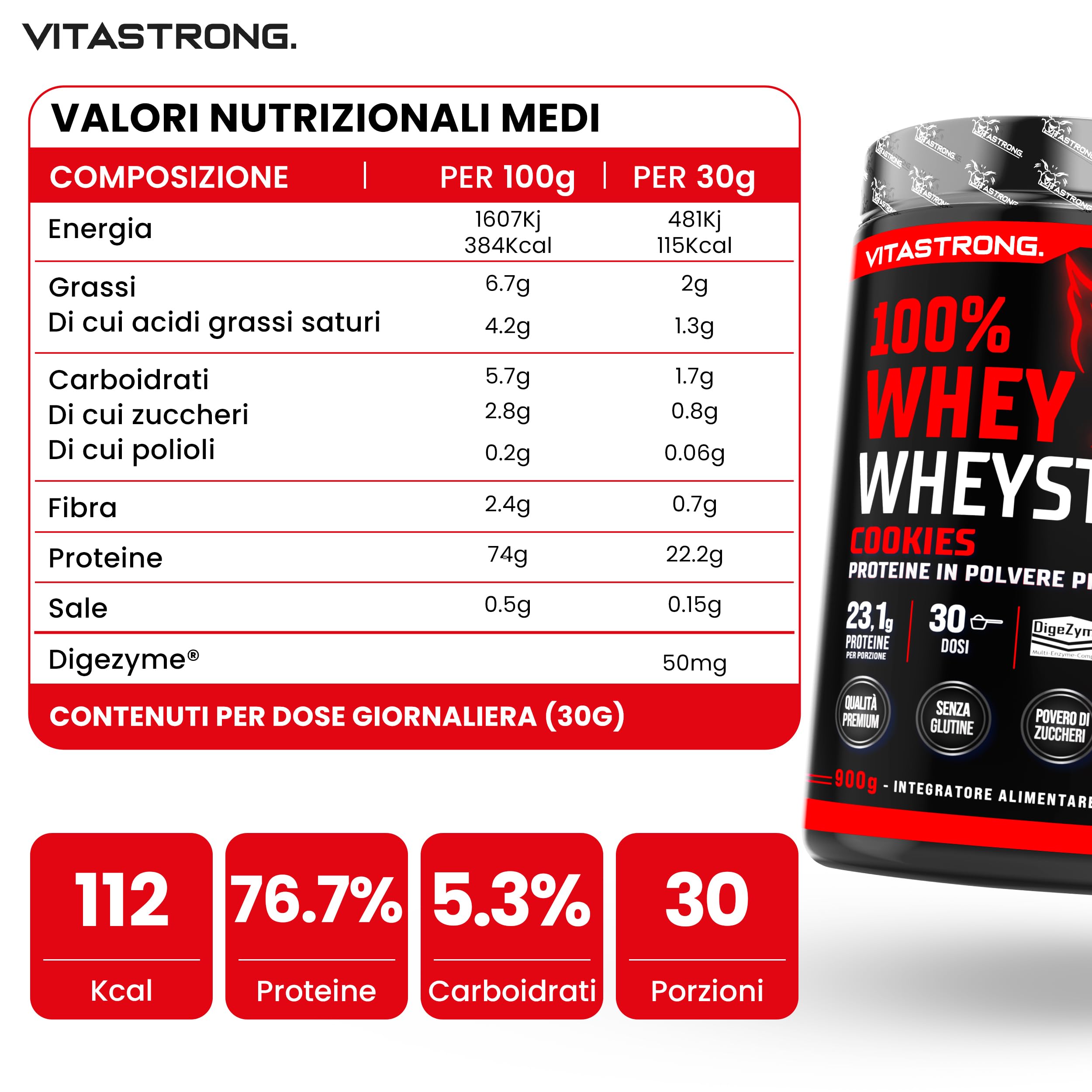 Proteine in Polvere 900g, 100% Proteine Whey Strong con DigeZyme® Alta Digeribilità e Concentrazione, Proteine del Siero del Latte da Fornitori Italiani (900g, Vaniglia)