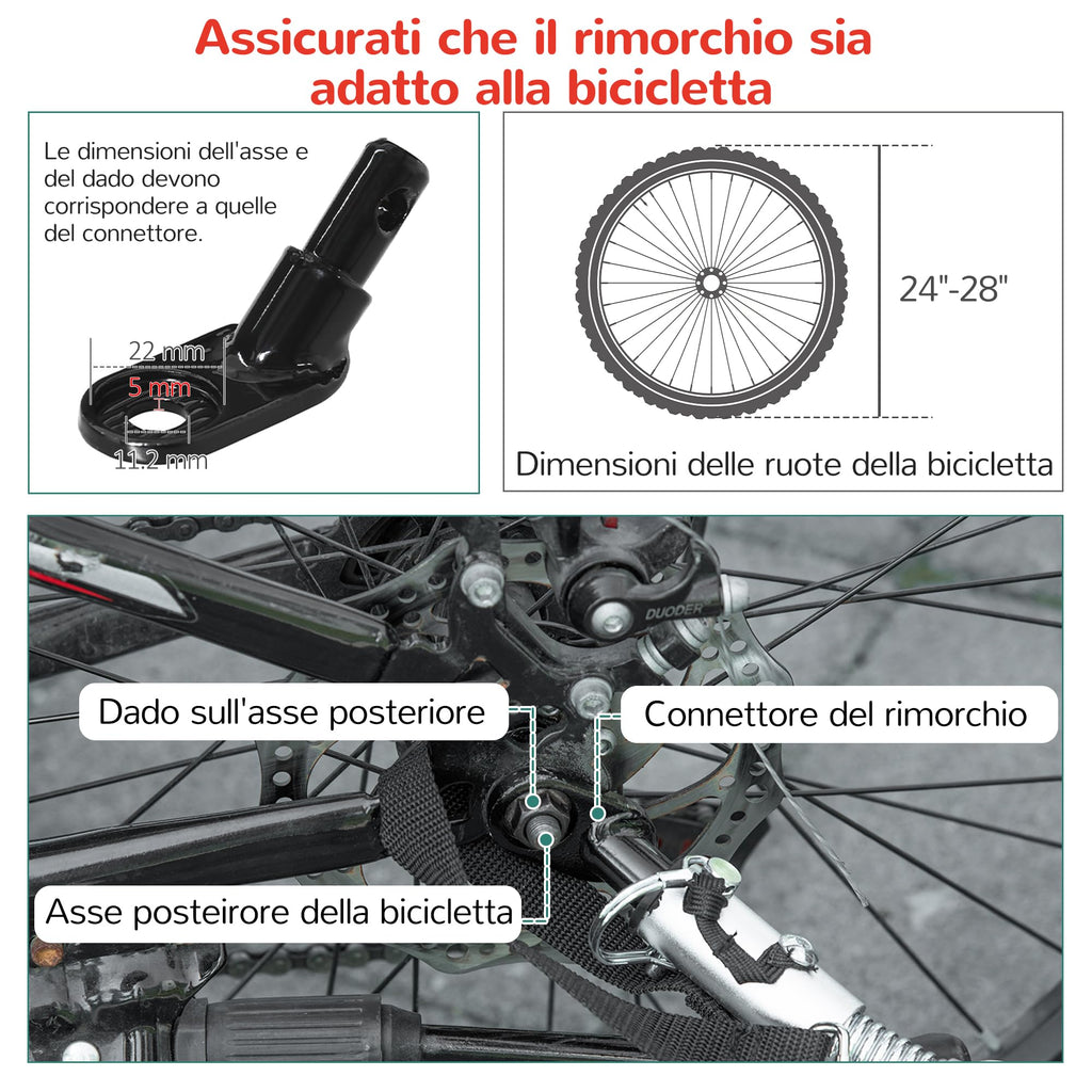 HOMCOM Rimorchio Bici per Bambini e Passeggino, Design 2 in 1 con Freno, Cintura a 5 Punti, Carrello Rimorchio per Bicicletta con Tasche Laterali, Catarifrangenti e Bandierina