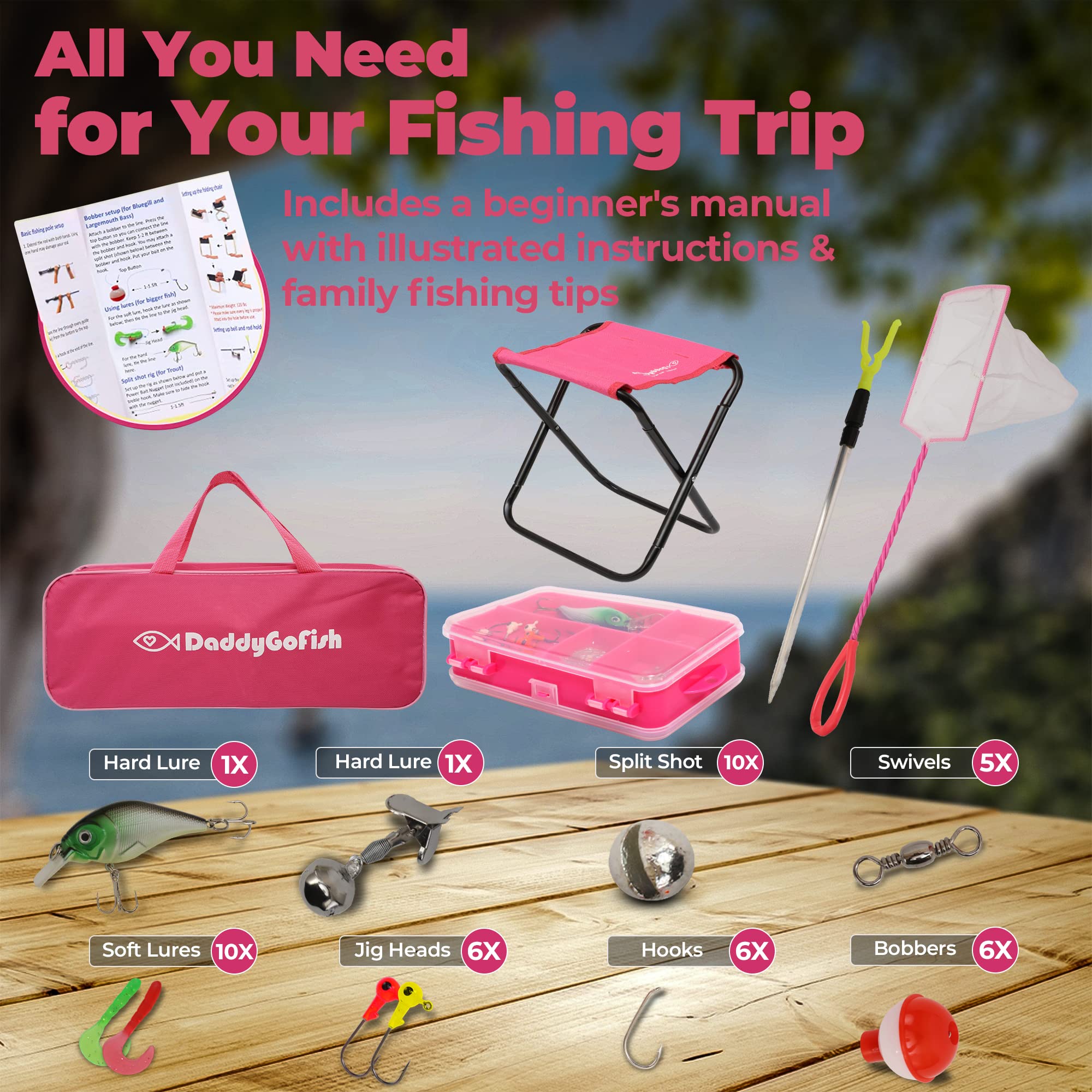 DaddyGoFish Kids Canna da Pesca Telescopica Spincast Combo Sedia Pieghevole Portacanna Tackle Box Bait Net Ragazzi Ragazze
