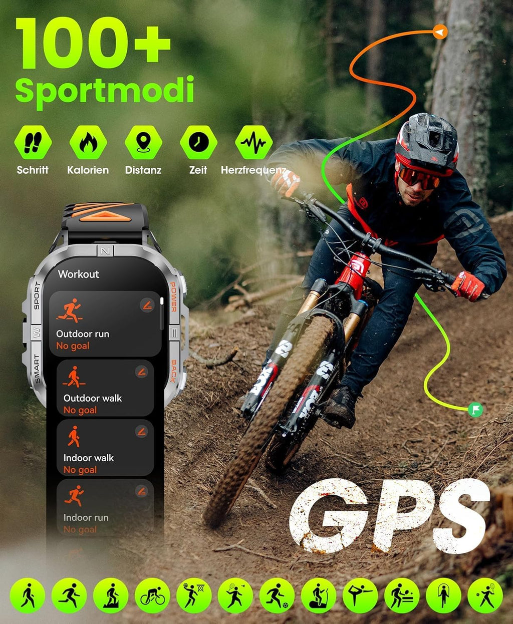 GPS Smartwatch Uomo, 2,13" AMOLED Militare Orologio con LED Torcia, Bussola,100+ Modalità Sportive, Monitoraggio della Salute, Chiamate Bluetooth per Android iOS