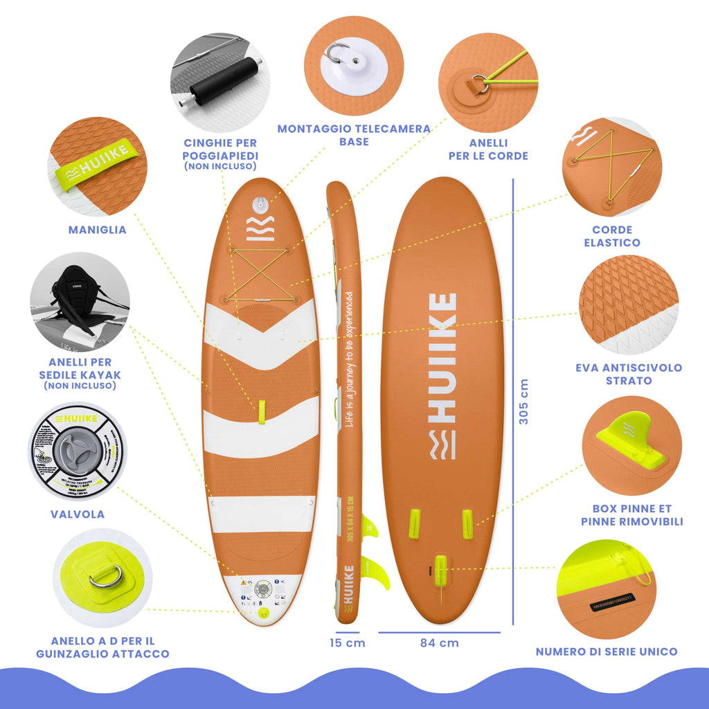 HUIIKE Tavola Sup Gonfiabile Adulti con Accessori Inclusi, Pagaia, Pinne, Pompa. Stand Up Paddle Board con Grande Stabilità e Resistenza. 305 x 84 x 15 cm, Carico Massimo 130 kg