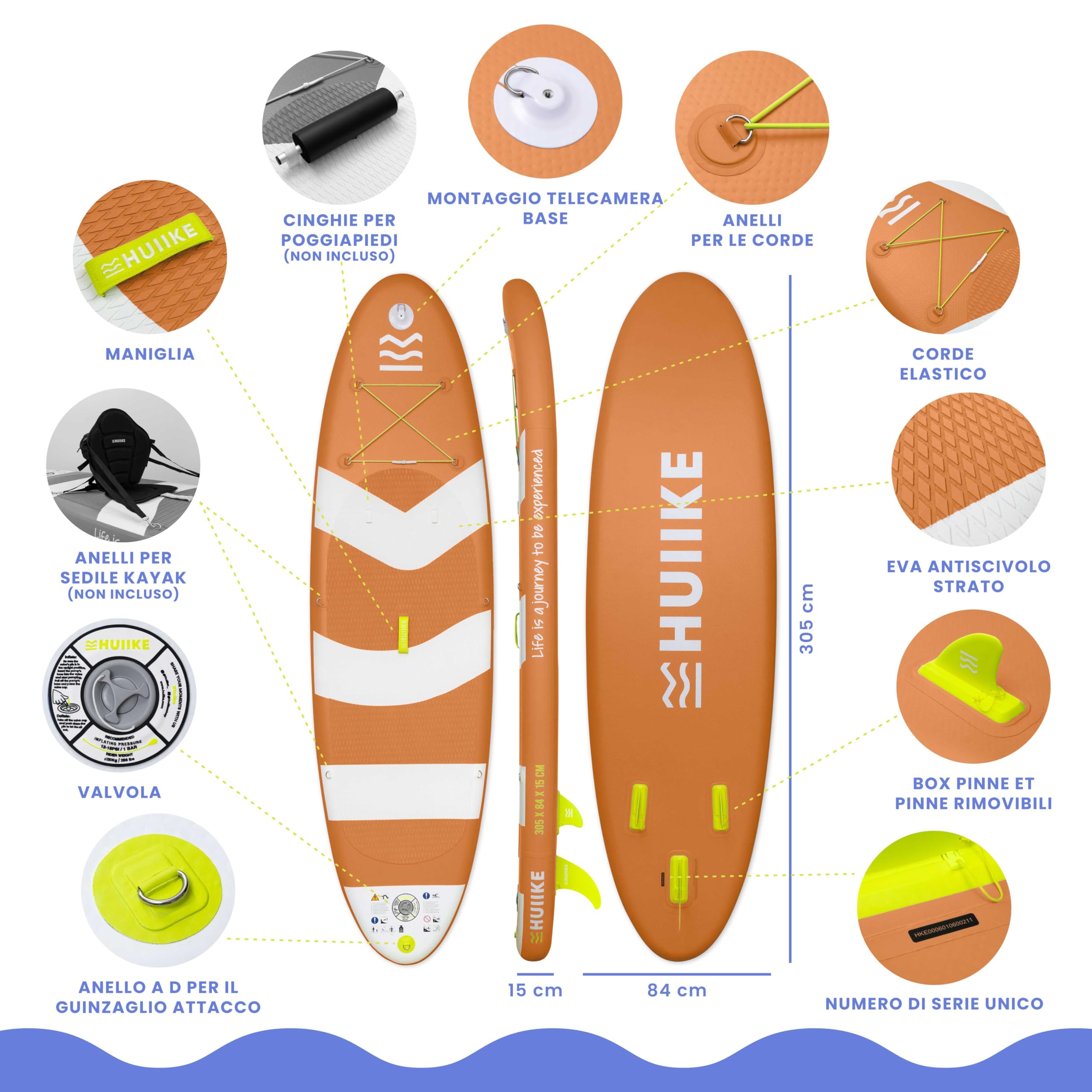 HUIIKE Tavola Sup Gonfiabile Adulti con Accessori Inclusi, Pagaia, Pinne, Pompa. Stand Up Paddle Board con Grande Stabilità e Resistenza. 305 x 84 x 15 cm, Carico Massimo 130 kg