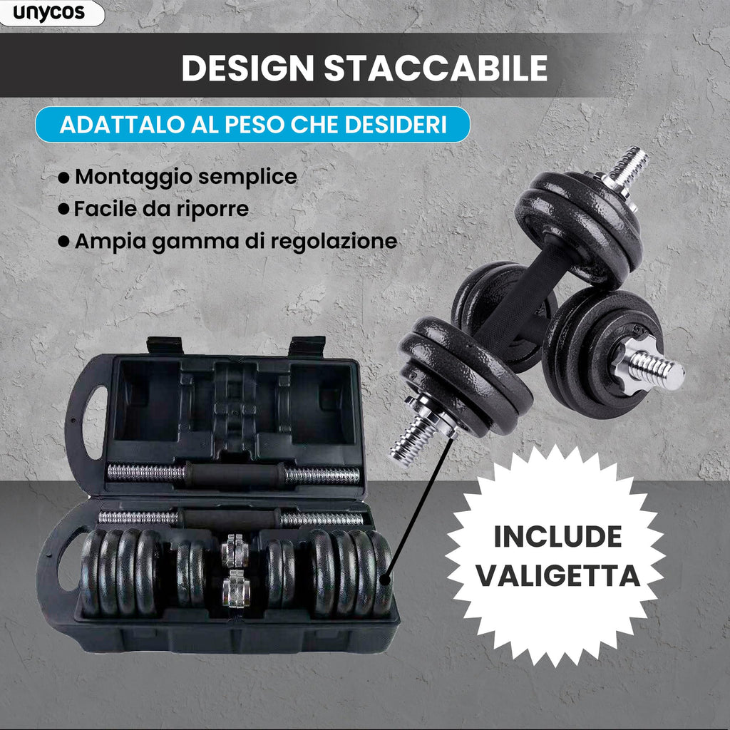 unycos - Haltères Réglables avec Disques 15-50 kg【E-Book + Mallette】Paire de Poids avec Barre de Connexion Antidérapante pour Hommes/Femmes, Entraînement, Gym à Domicile, Fitness (Iron Transformer)