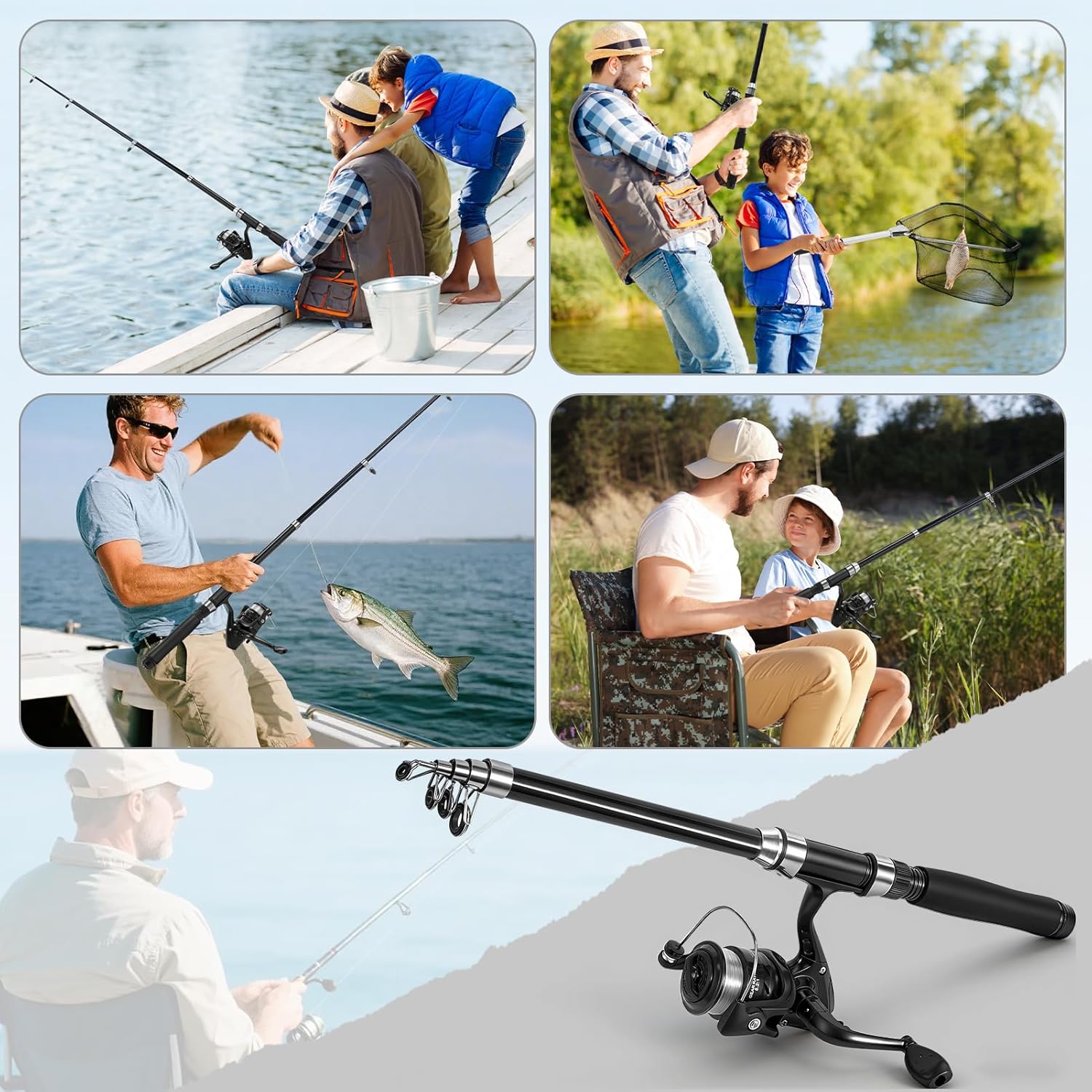 Lomffy Canna da Pesca e Mulinello Combo Set, 1.8M Kit di Esche da Pesca e Borsa con Rete Set Combinato Canna da Pesca Telescopica e Mulinello con Linea Borsa da Trasporto per Acqua Dolce Acqua Salata