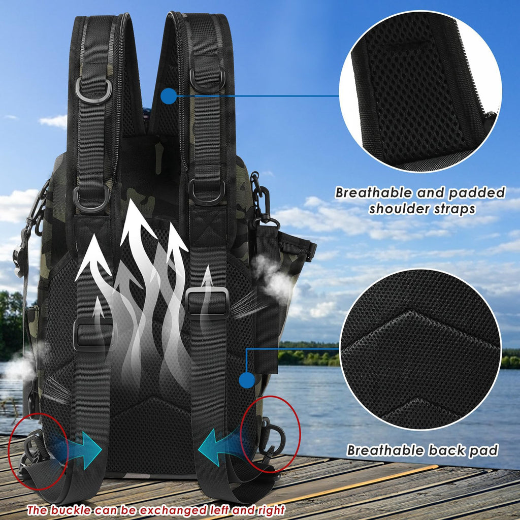 Zaino per Attrezzatura Pesca con Portacanna - Borsa Impermeabile e Traspirante per Pesca, Escursionismo, Caccia, Campeggio (Black)