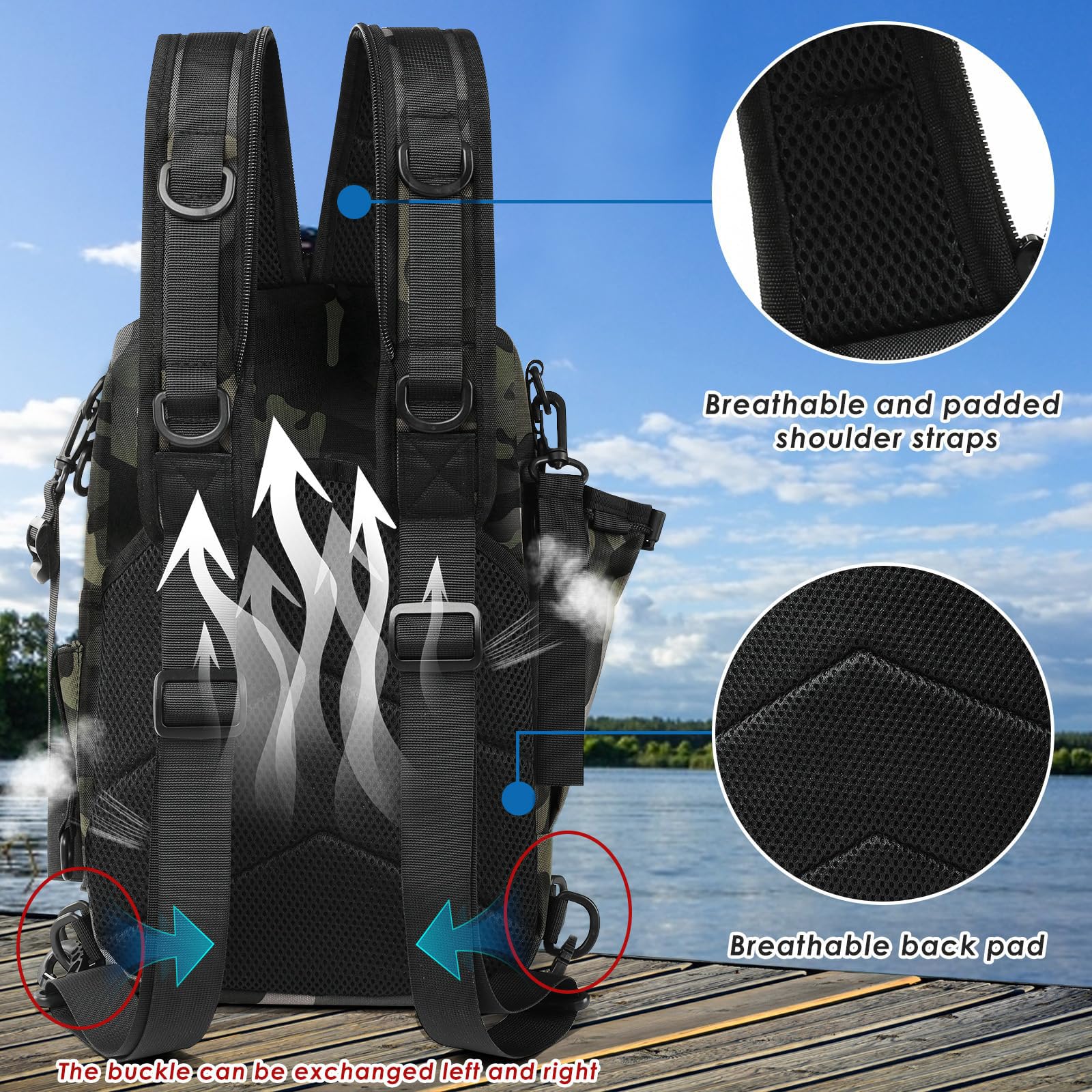 Zaino per Attrezzatura Pesca con Portacanna - Borsa Impermeabile e Traspirante per Pesca, Escursionismo, Caccia, Campeggio (Black)