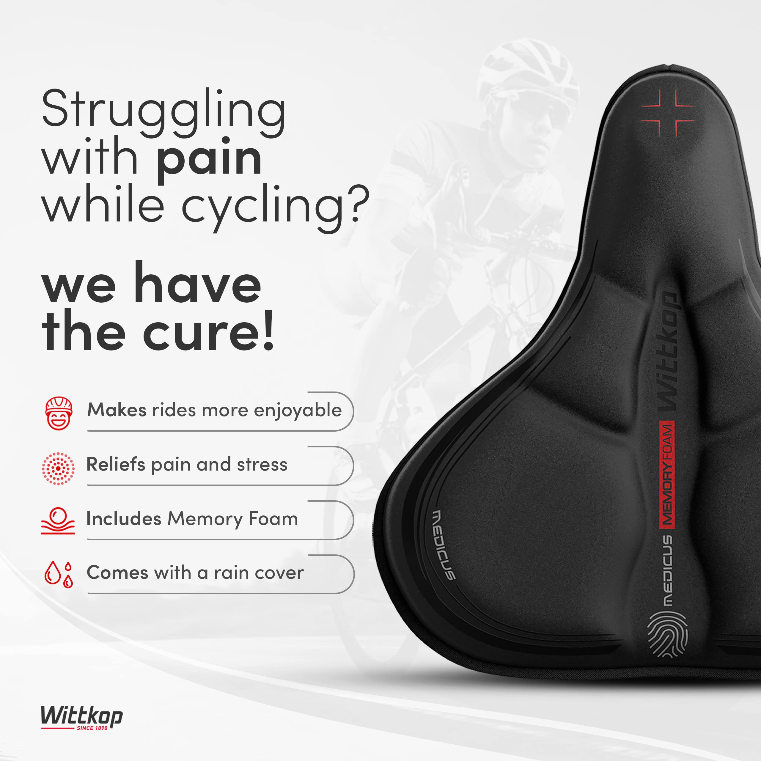 WITTKOP Cuscino per sella da bici in memory foam confortevole I Coprisella da bici per uomo e donna con design ergonomico a 3 zone