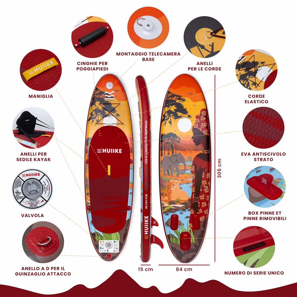 HUIIKE Tavola Sup Gonfiabile Adulti con Accessori Inclusi, Pagaia, Pinne, Pompa. Stand Up Paddle Board con Grande Stabilità e Resistenza. 305 x 84 x 15 cm, Carico Massimo 130 kg