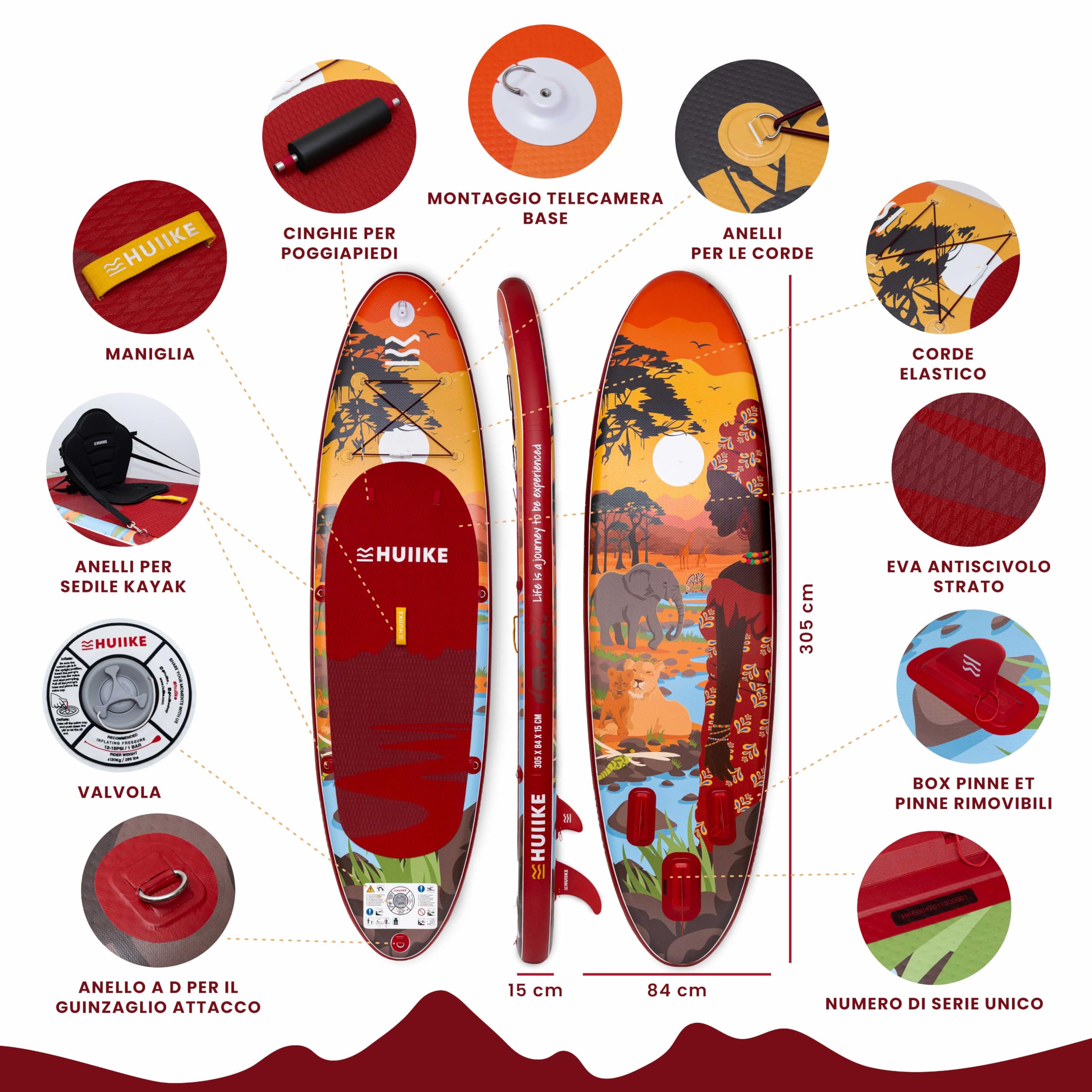 HUIIKE Tavola Sup Gonfiabile Adulti con Accessori Inclusi, Pagaia, Pinne, Pompa. Stand Up Paddle Board con Grande Stabilità e Resistenza. 305 x 84 x 15 cm, Carico Massimo 130 kg