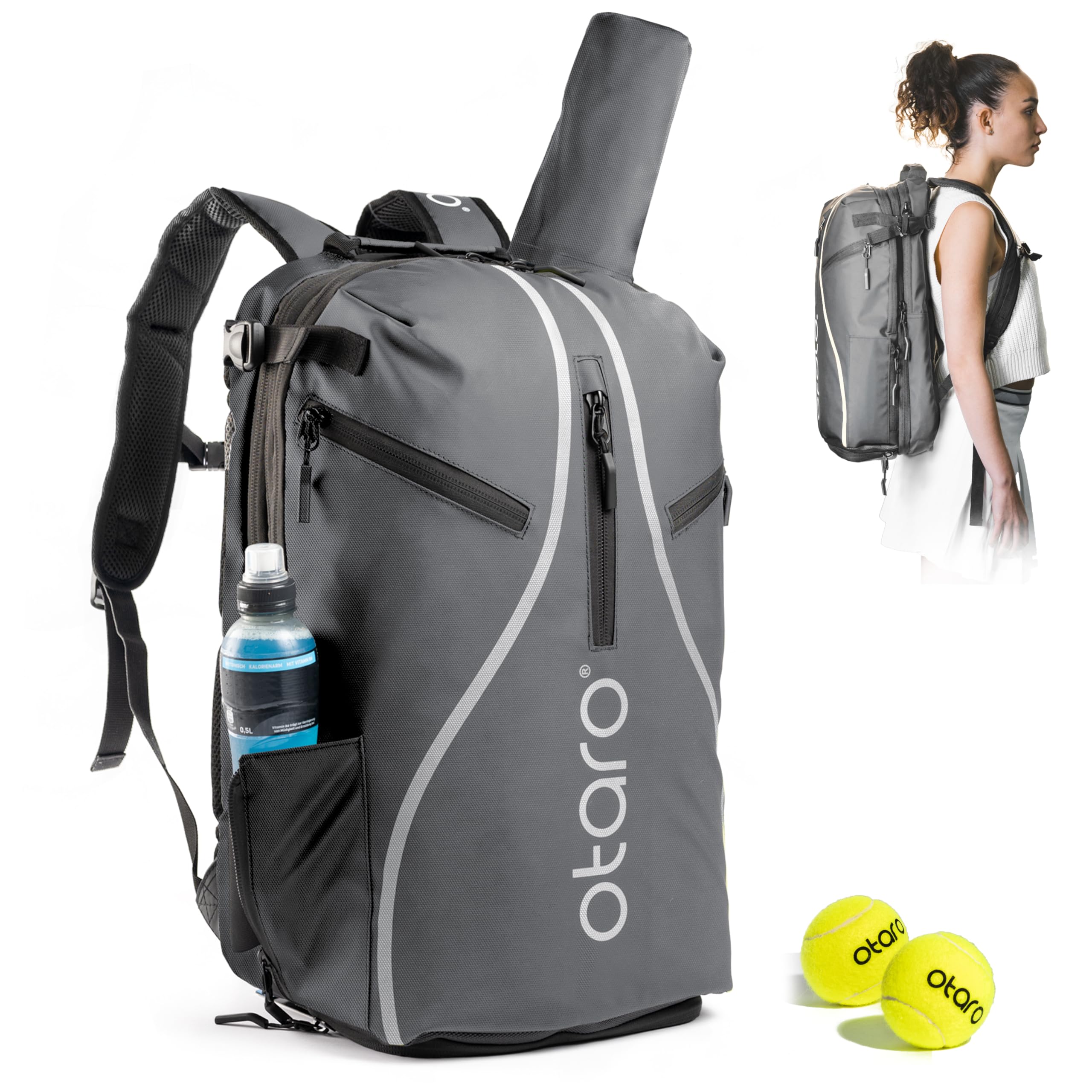 Otaro Zaino Tennis | Zaino con porta scarpe, scomparto per laptop e scomparto per 2 racchette | Zaino sportivo | Porta racchetta tennis | Borsa tennis con copertura antipioggia e sacca per biancheria