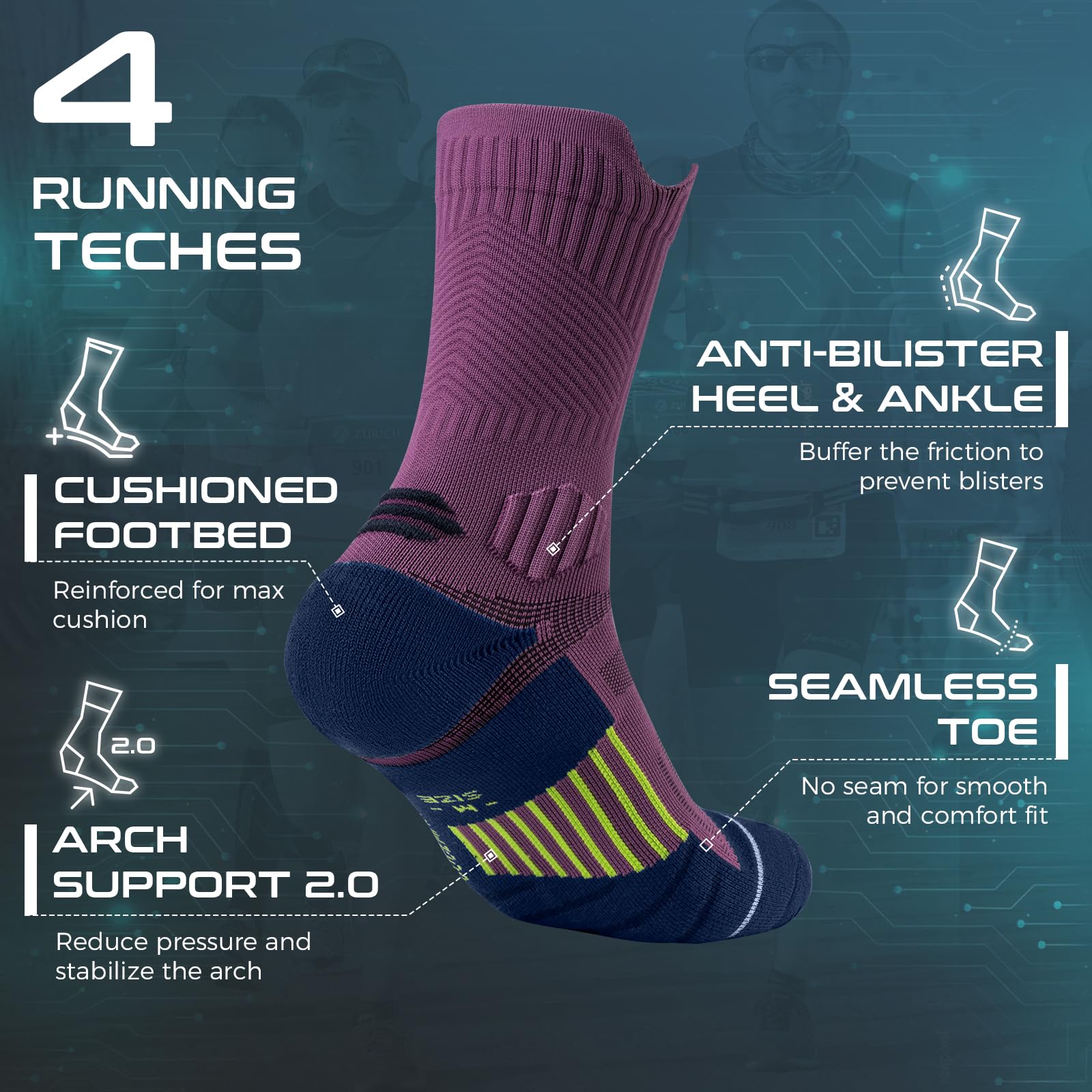 Coolmax Compressione 3 Paia Calzini Running Uomo Calze da Corsa Trekking Padel Uomo, Anti-Vesciche & Con Supporto Dell'arco Plantare, 35-51