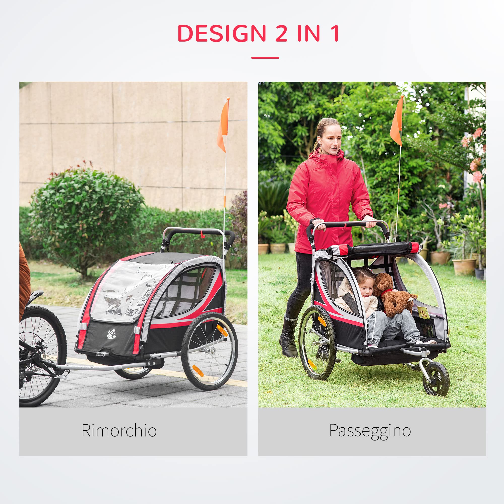 HOMCOM Rimorchio Bici per Bambini e Passeggino, Design 2 in 1 con Freno, Cintura a 5 Punti, Carrello Rimorchio per Bicicletta con Tasche Laterali, Catarifrangenti e Bandierina