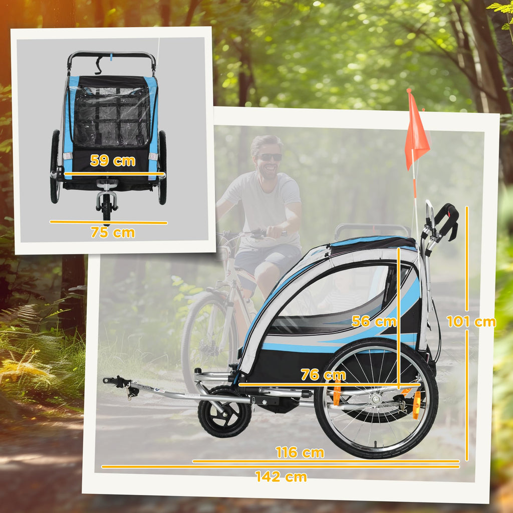 HOMCOM Rimorchio Bici per Bambini e Passeggino, Design 2 in 1 con Freno, Cintura a 5 Punti, Carrello Rimorchio per Bicicletta con Tasche Laterali, Catarifrangenti e Bandierina