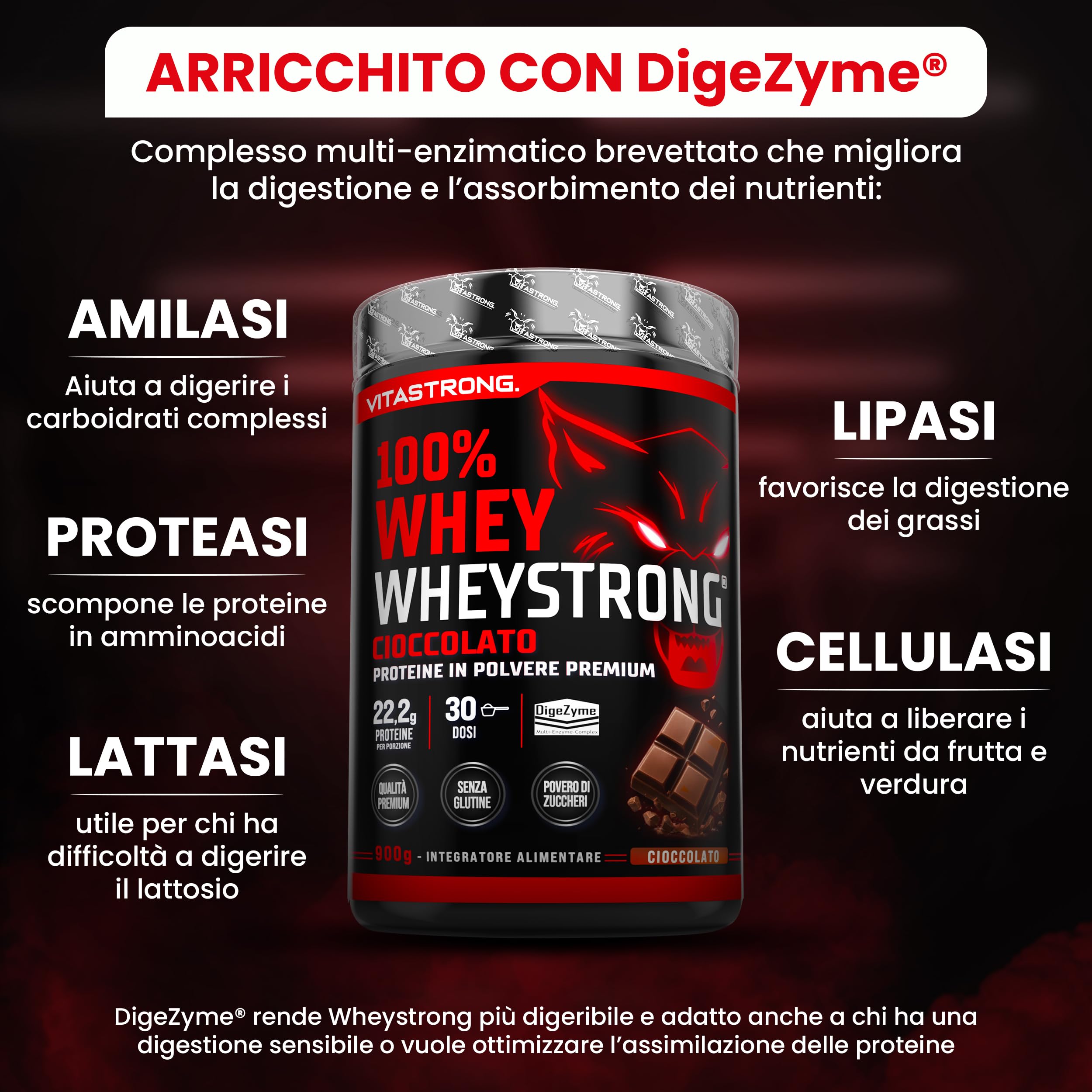 Proteine in Polvere 900g, 100% Proteine Whey Strong con DigeZyme® Alta Digeribilità e Concentrazione, Proteine del Siero del Latte da Fornitori Italiani (900g, Vaniglia)