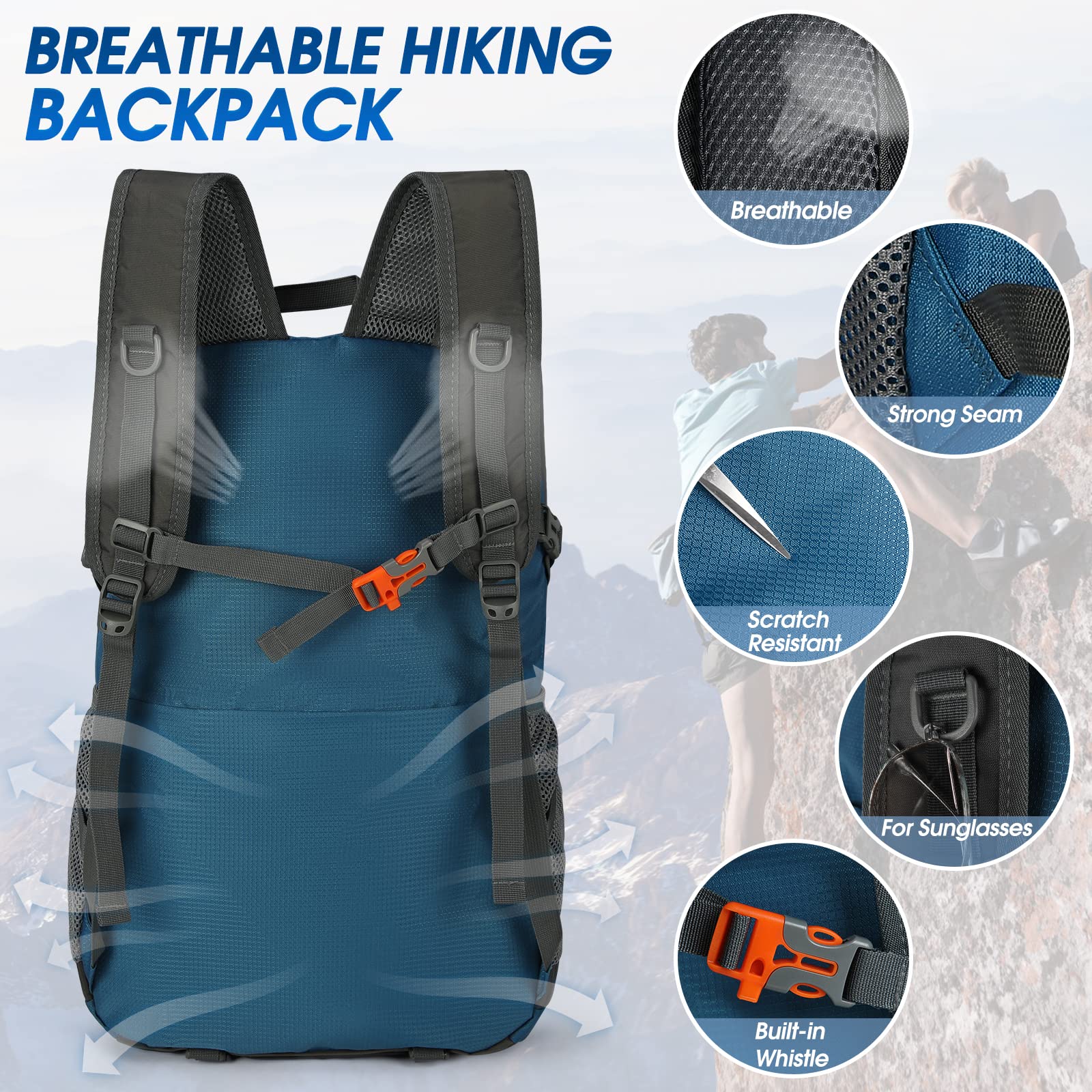 IGOLUMON Zaino Trekking 40 Litri, Zaino Ultraleggero Pieghevole, Impermeabile Zaino da Viaggio per Uomo/Donna, Zaino da Trekking con Strisce Riflettenti, Zaino Montagna per Escursionismo Campeggio