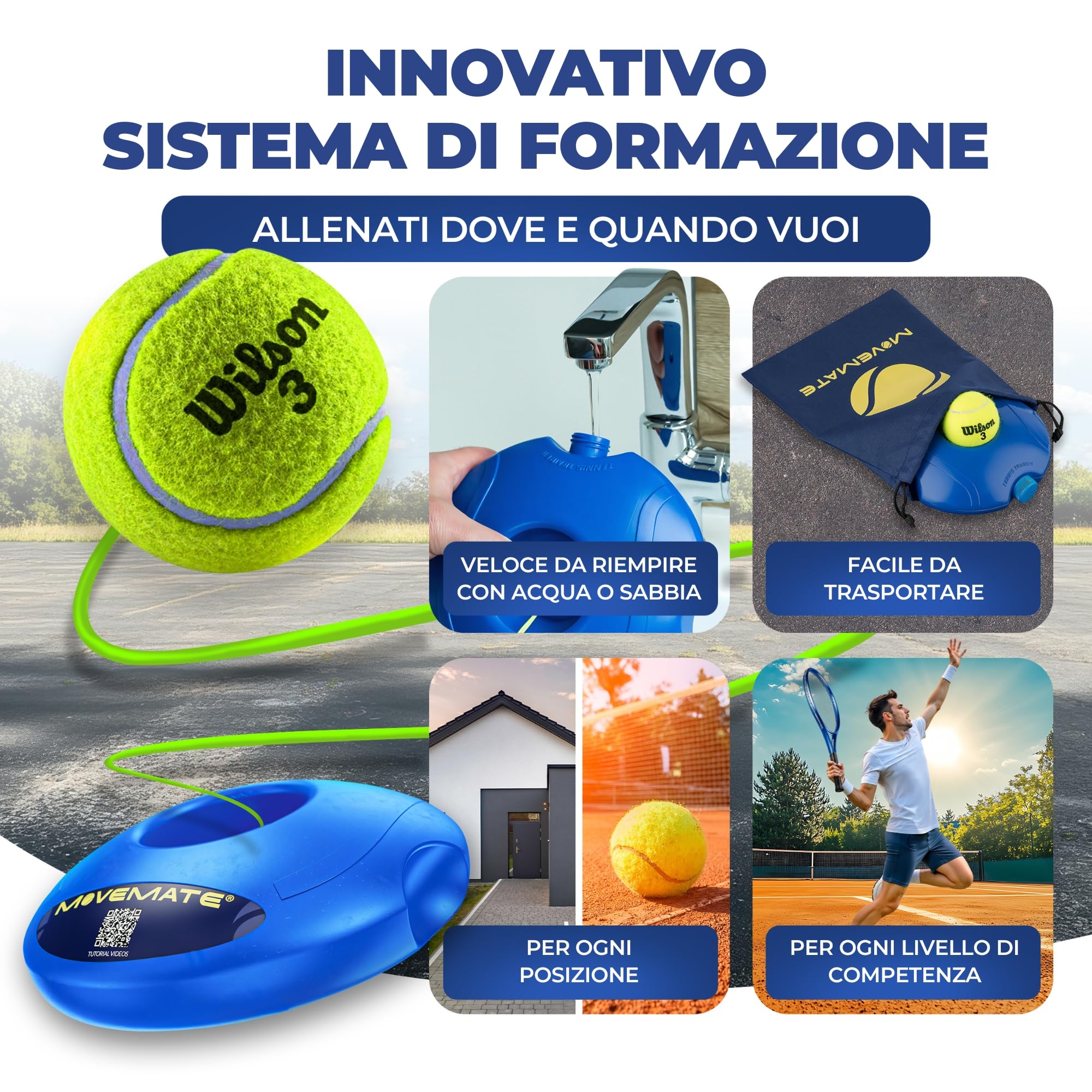 MOVEMATE Dispositivo di Allenamento per Tennis/Padel con Pallina Wilson® | Innovativo Dispositivo Sportivo per Il Tempo Libero per Giocare e Allenarsi all'aperto, in Giardino