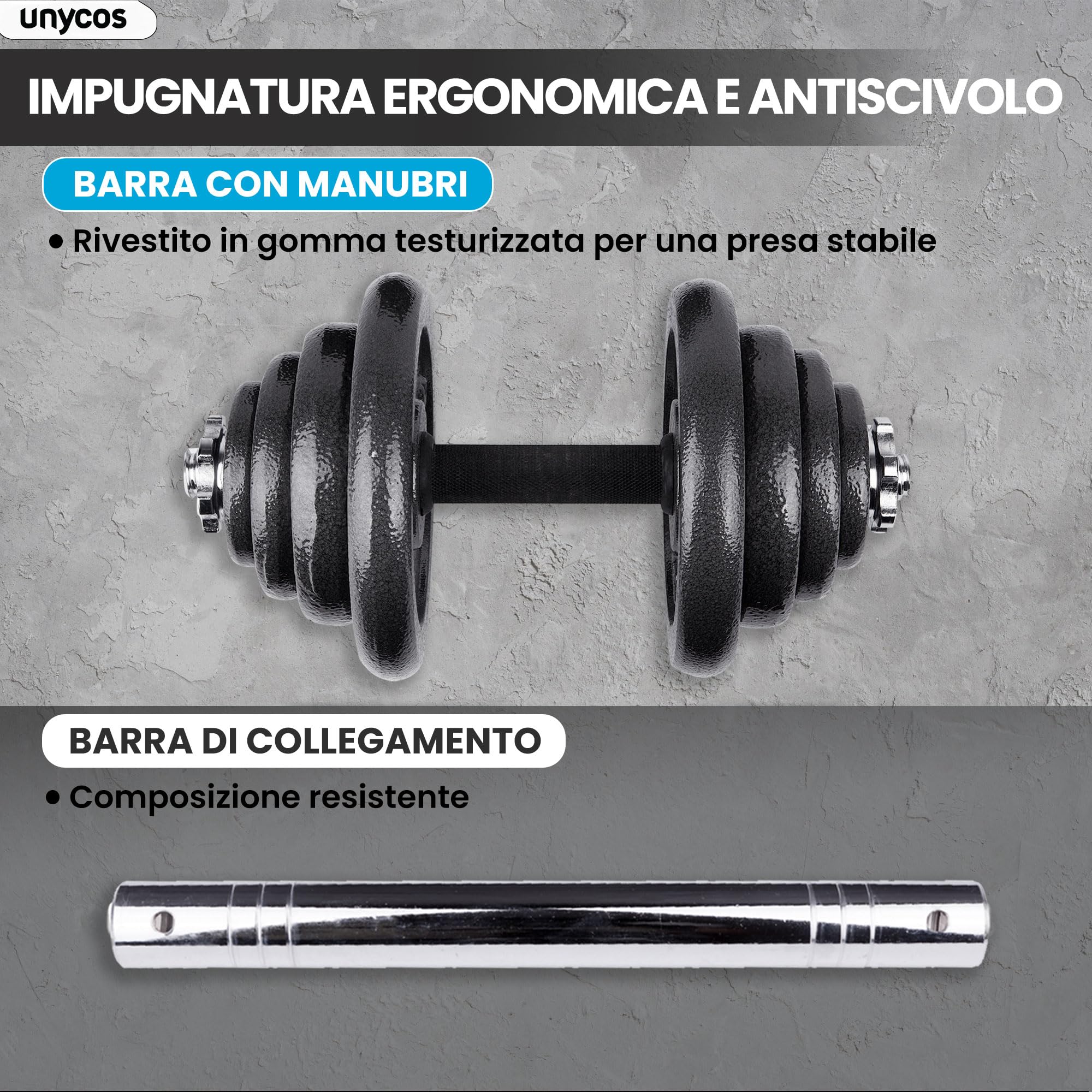 unycos - Haltères Réglables avec Disques 15-50 kg【E-Book + Mallette】Paire de Poids avec Barre de Connexion Antidérapante pour Hommes/Femmes, Entraînement, Gym à Domicile, Fitness (Iron Transformer)