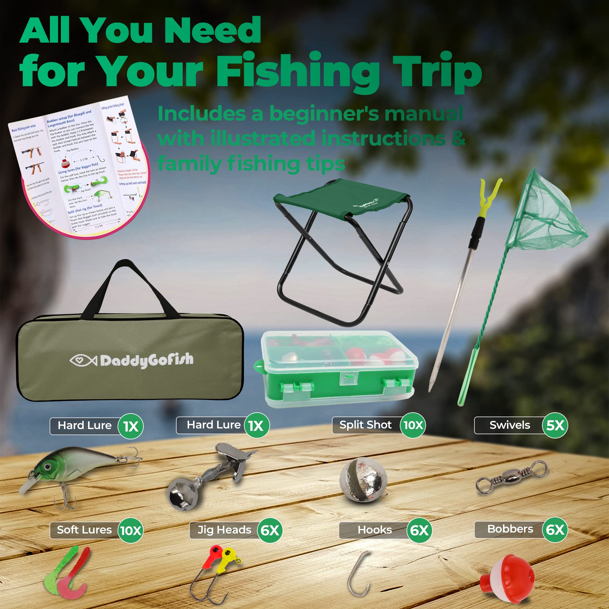 DaddyGoFish Kids Canna da Pesca Telescopica Spincast Combo Sedia Pieghevole Portacanna Tackle Box Bait Net Ragazzi Ragazze