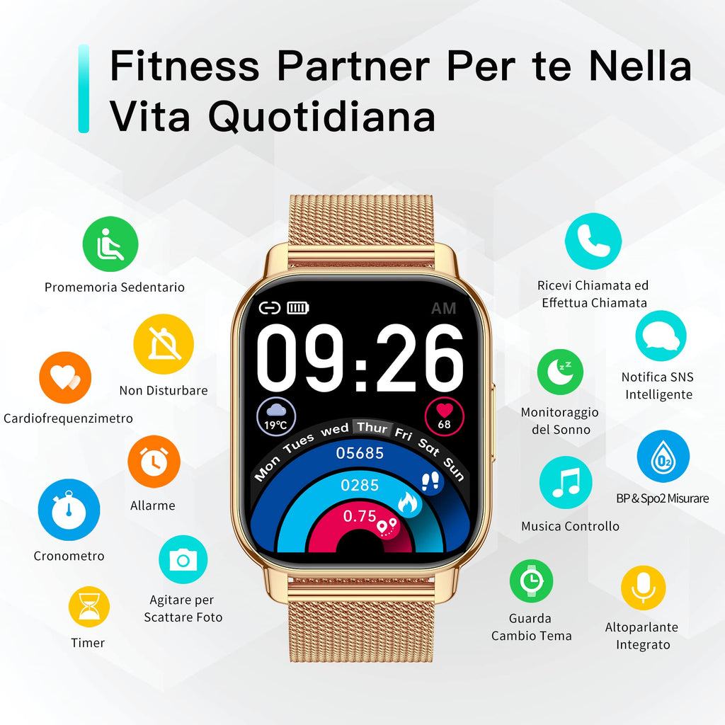 Popglory Smartwatch Uomo Donna Chiamate e Whatsapp, AI Orologio Contapassi 100+ Sports, Assistente, Salute 24/7, Pressione Sanguigna, Cardiofrequenzimetro, SpO2 Sonno, 2 Cinturini per Android iOS