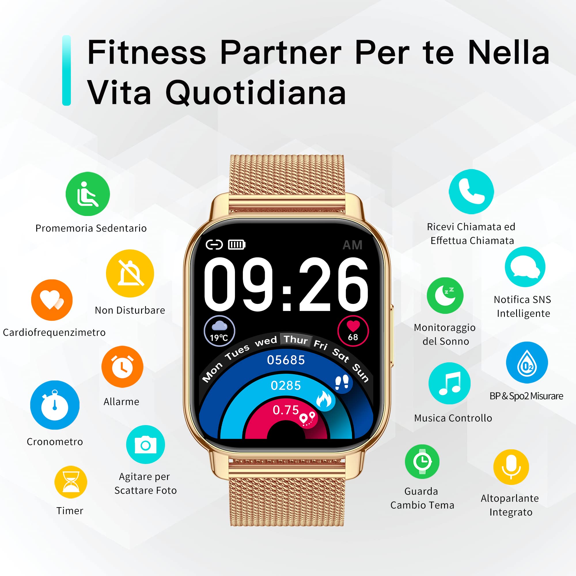 Popglory Smartwatch Uomo Donna Chiamate e Whatsapp, AI Orologio Contapassi 100+ Sports, Assistente, Salute 24/7, Pressione Sanguigna, Cardiofrequenzimetro, SpO2 Sonno, 2 Cinturini per Android iOS