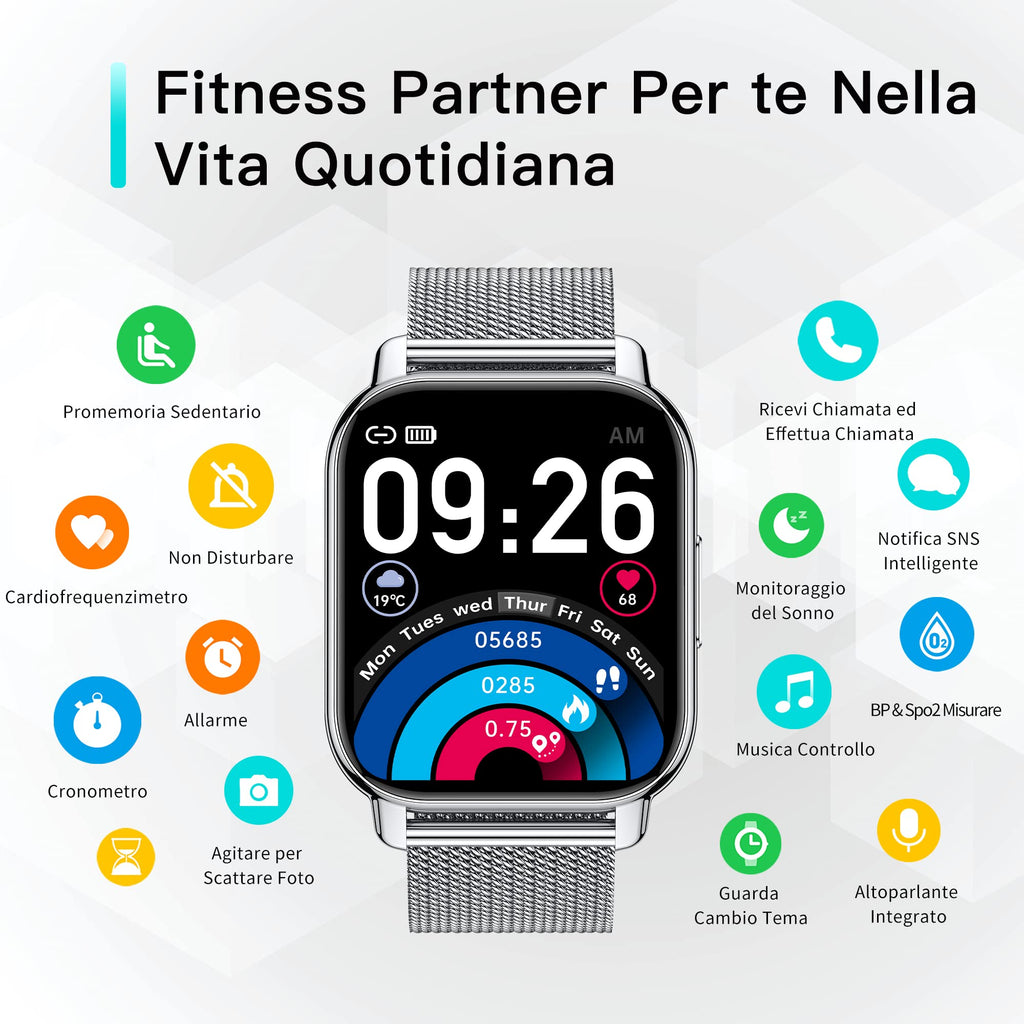 Popglory Smartwatch Uomo Donna Chiamate e Whatsapp, AI Orologio Contapassi 100+ Sports, Assistente, Salute 24/7, Pressione Sanguigna, Cardiofrequenzimetro, SpO2 Sonno, 2 Cinturini per Android iOS